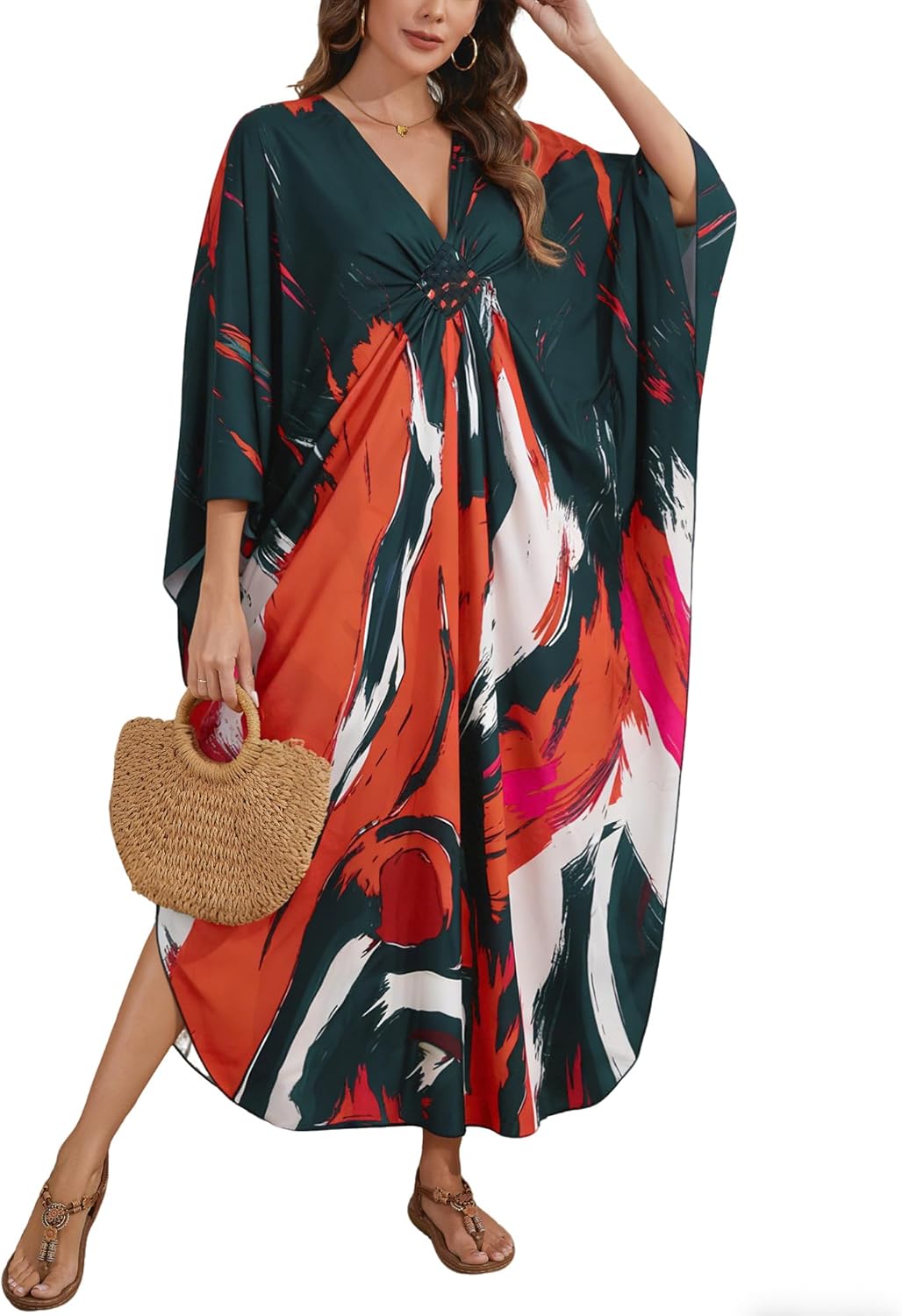 Bsubseach Kaftan Dresses for Women Colorful Print Plus Size Swimsuit Coverup Moo Moos Caftan with Pockets Vacation Outfits