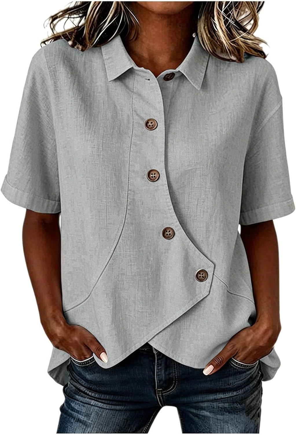 Womens Button Down Shirts Short Sleeve Asymmetrical Dressy Casual Summer Tops Collared Loose Fit Fashion Blouses