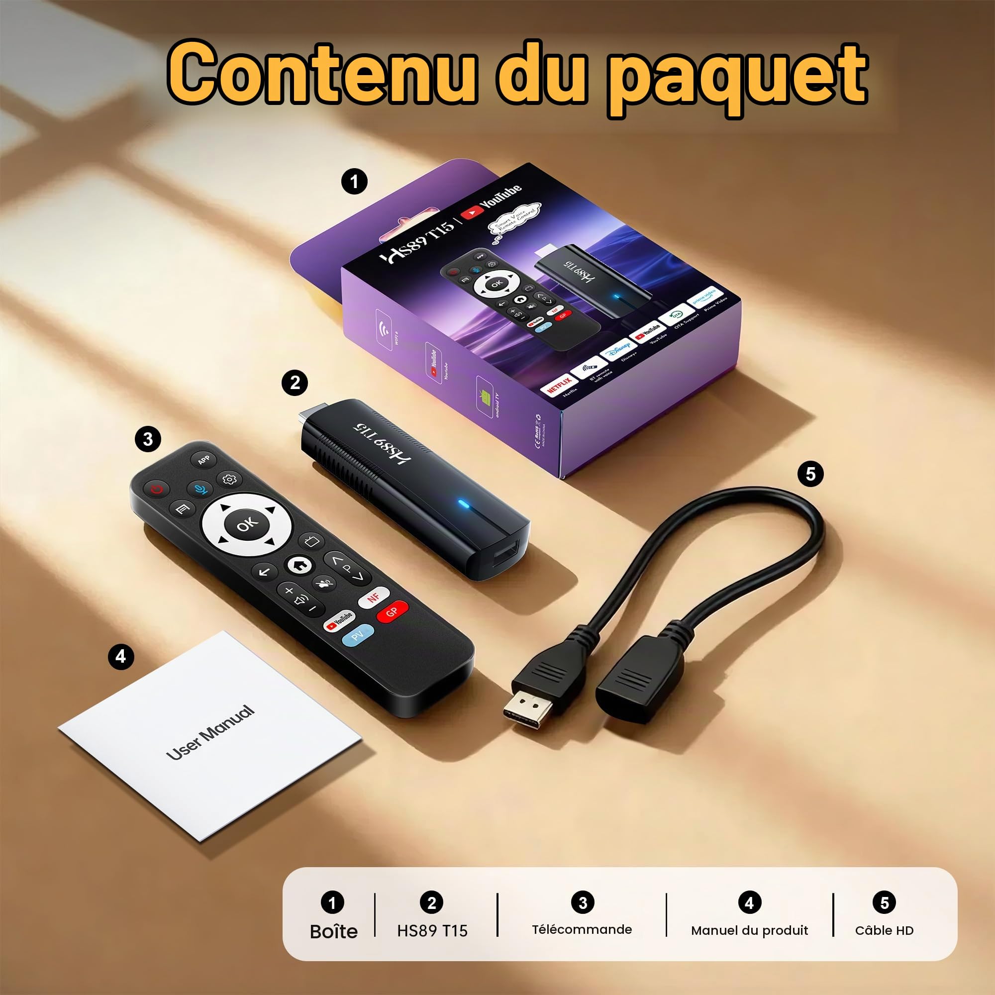 Clé TV Android 14, RK3539 Quad-Core, 2 Go de RAM 16 Go de ROM, WiFi 6, BT 5.4, 4K