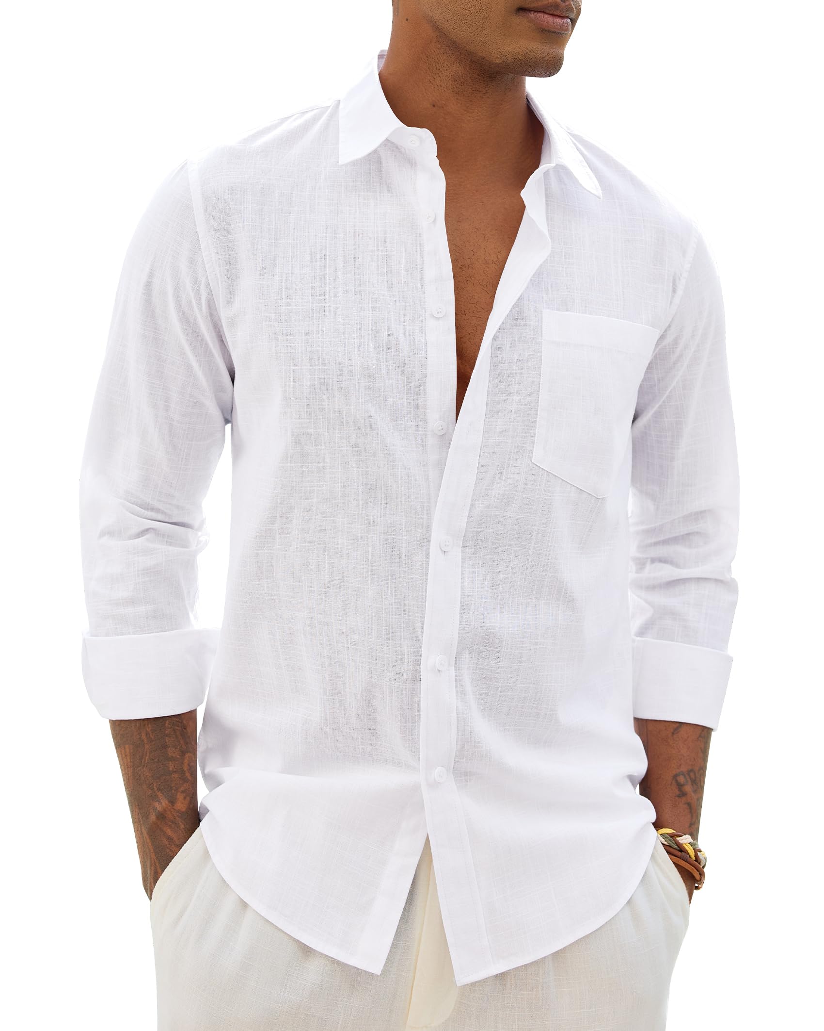 Mens Linen Textured Shirt Long Sleeve Summer Beach Tops