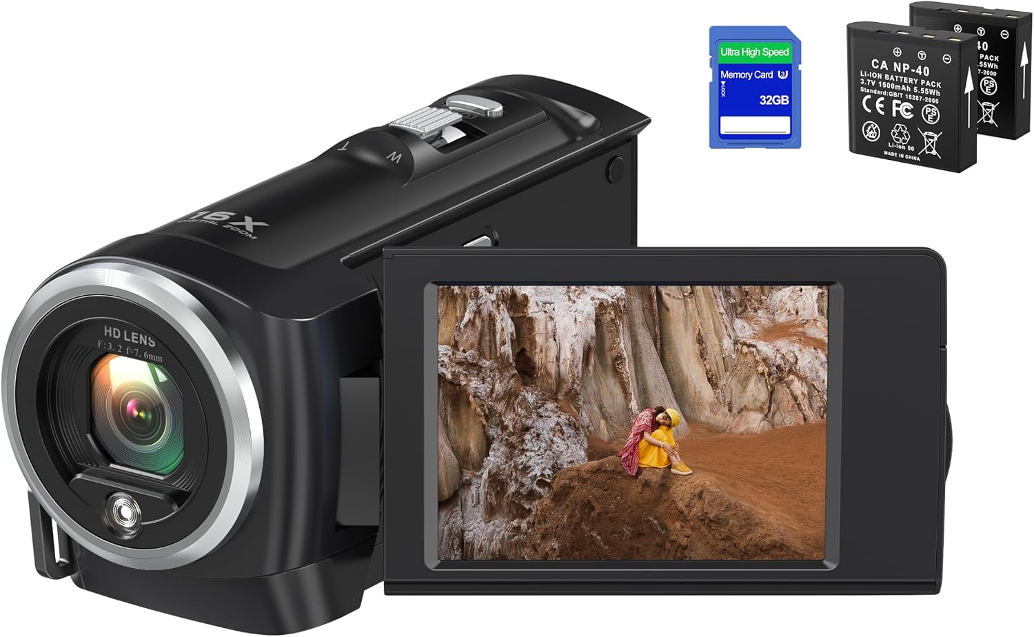 Camcorder Video Camera QHD 2.7K 56MP 16X Digital Zoom Vlogging Camera with LED Fill Light for YouTube, 2.8 Inch 270 Degree Rotation LCD Screen Camcorder with 32GB SD Card and Two Batteries