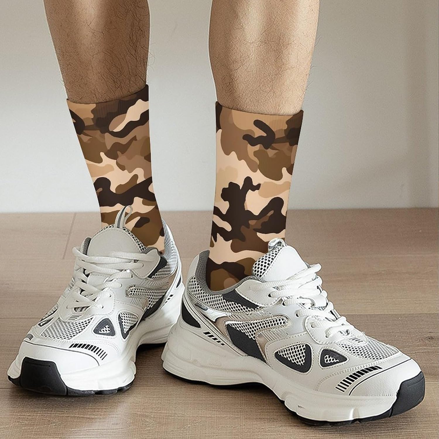 Breathable Sports Socks, Moisture Wicking, Lightweight Crew Socks | Brown Camouflage Athletic Calf Socks for Women Men, Casual, Anti-Slip, Multifunctional Work Socks