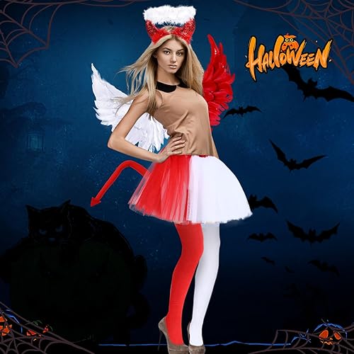 Miniatura 7 de 6 piezas de diablo y ángel doble disfraz para mujeres y niñas, medio ángel medio diablo disfraz para fiesta de Halloween
