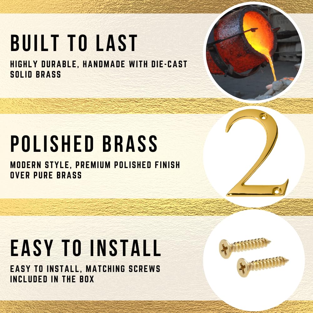 Clio 3-Inch Solid Brass Lacquered Polished Mailbox Numbers House Numbers For Outside, Address Plaques for House Numbers, Outdoor Decor (Polished Brasss, Number 2) 1