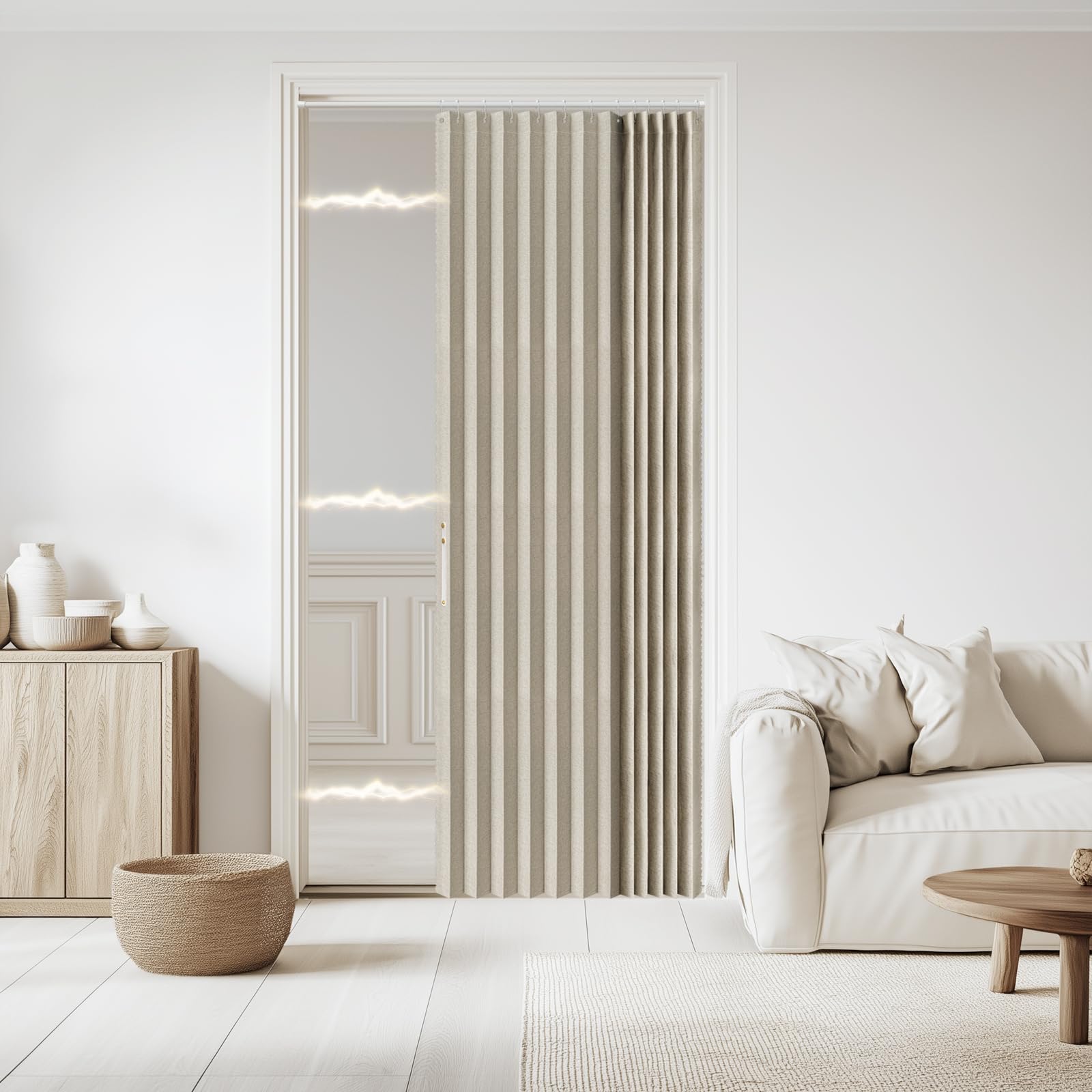 Jilron Accordian Door Curtain, 100% Blackout Foldable Magnetic Entrance Curtain, Linen Style Closet Door, Room Divider, Privacy Protection (W52 x L78, Off White, 1 Panel)