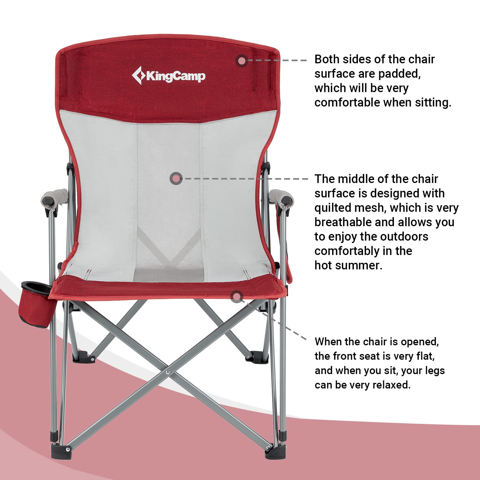 KingCamp 1 Pack Camping Chair for Adults with Arm Rest and Cup Holder Portable Camping Chair Support 300LBS Heavy Duty Folding Camp Chair for Lawn Outdoor Sports Travel (Red&Gray) pack of 1
