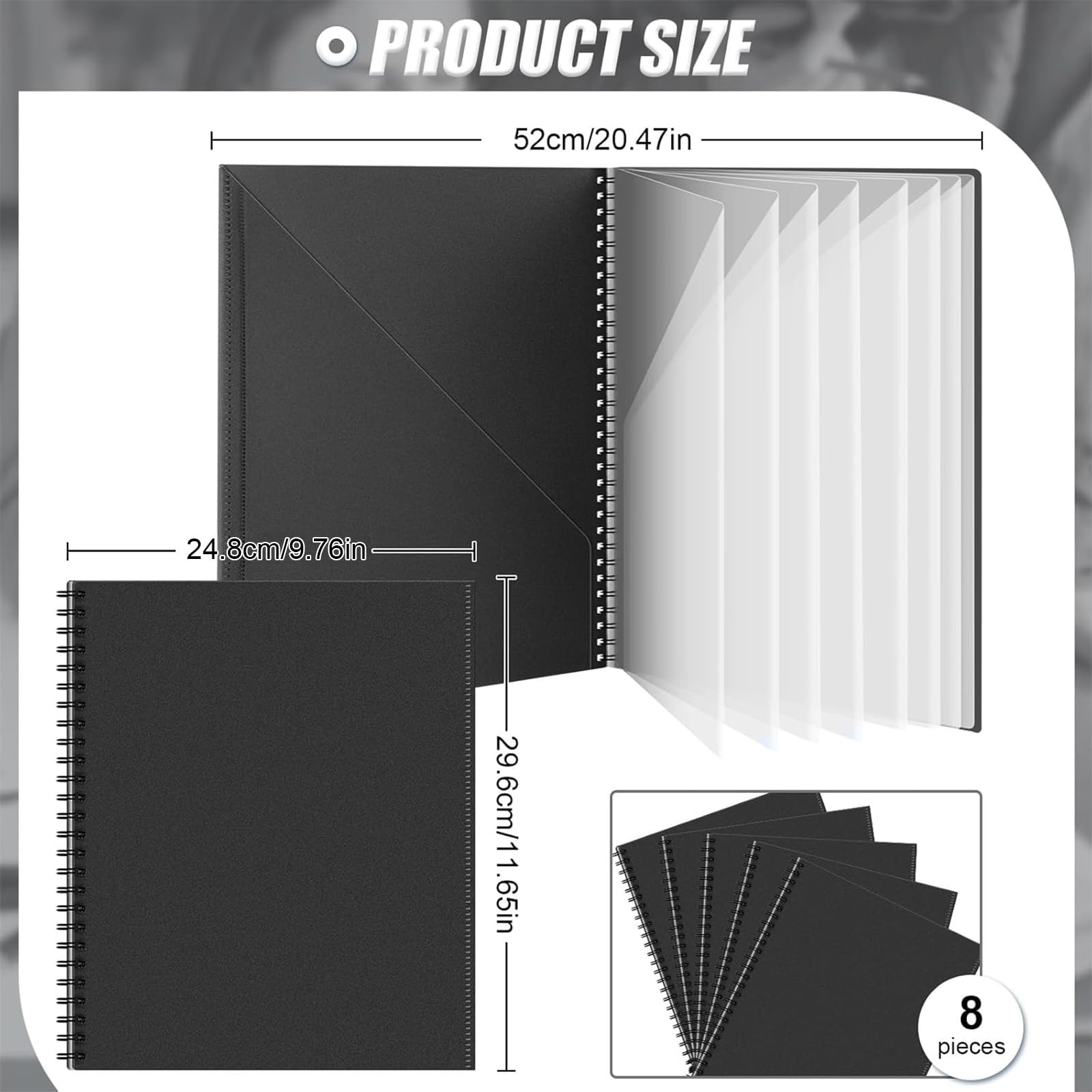 Qilery Carpetas de 8 piezas con bolsillos en espiral, 10 bolsillos, organizador de carpetas con 8 bolsillos transparentes, carpeta de documentos, carpeta negra con fundas de plástico para escuela,