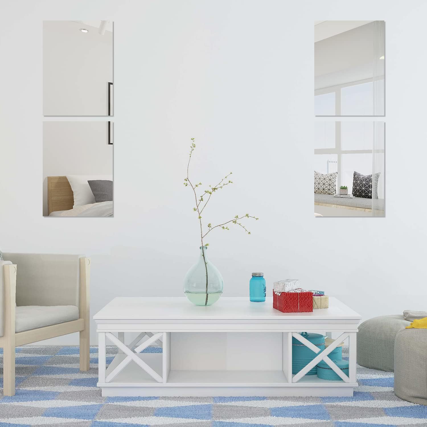 16 x 12'' x 4Pcs Glass Mirror Tile Wall Decor, Frameless Full Length Full Body Mirror Sheet for Wall, Bathroom, Bedroom, Living Room, Home Gym, Door, Centerpiece, Vanity