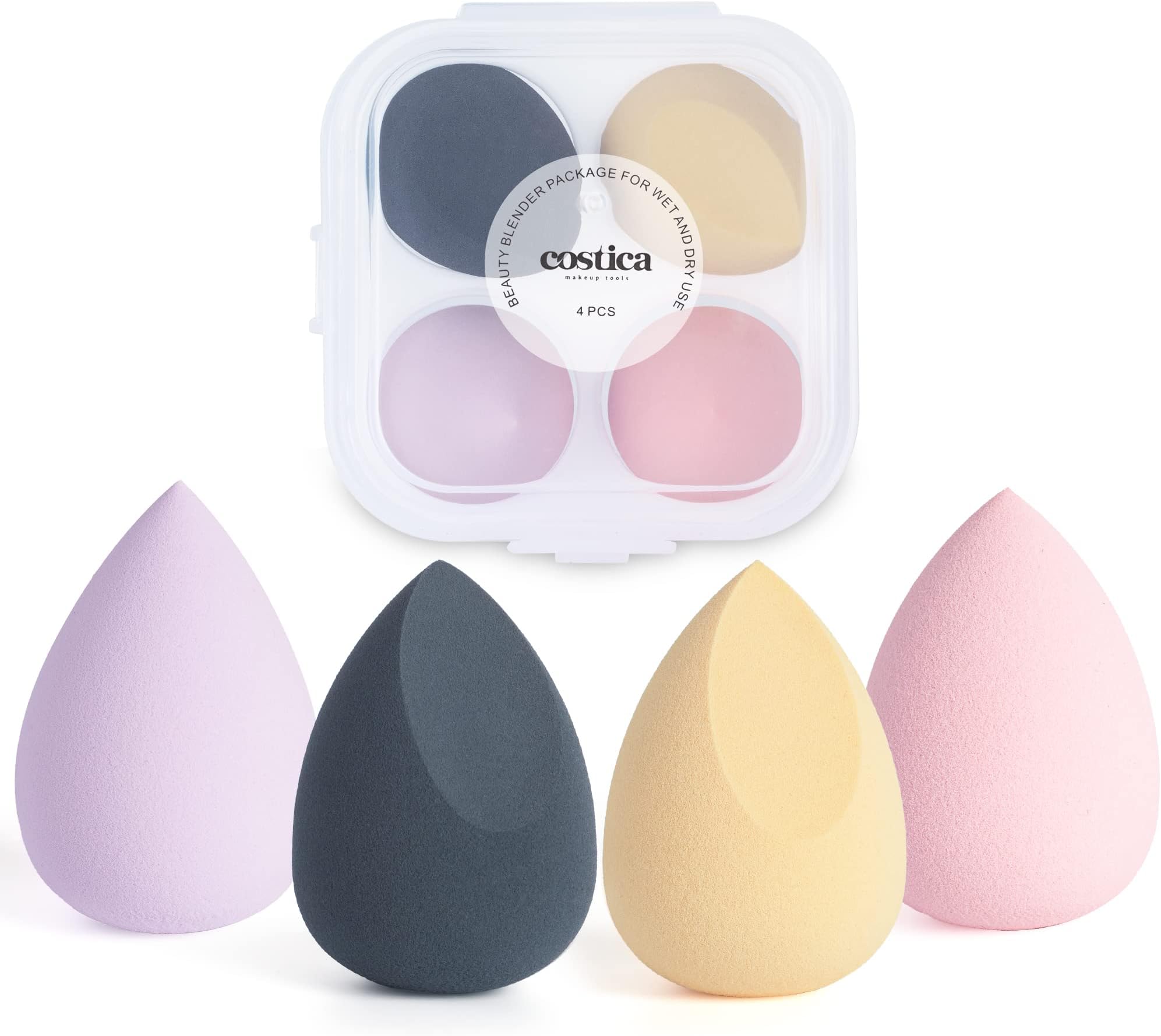 COSTICA Makeup Sponge, 4 Pcs Beauty Blender for Foundation Blending Sponge, Multi-colored Makeup Blender with Storage Box, Flawless for Liquid Cream and Powder
