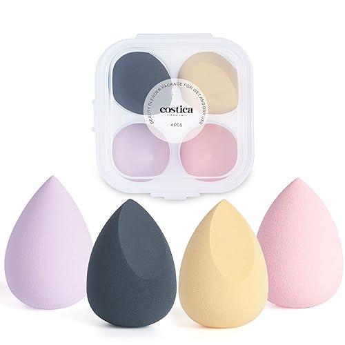 Esponja de maquillaje COSTICA, 4 piezas, esponja mezcladora de belleza para mezcla de base, esponja mezcladora multicolor con caja de