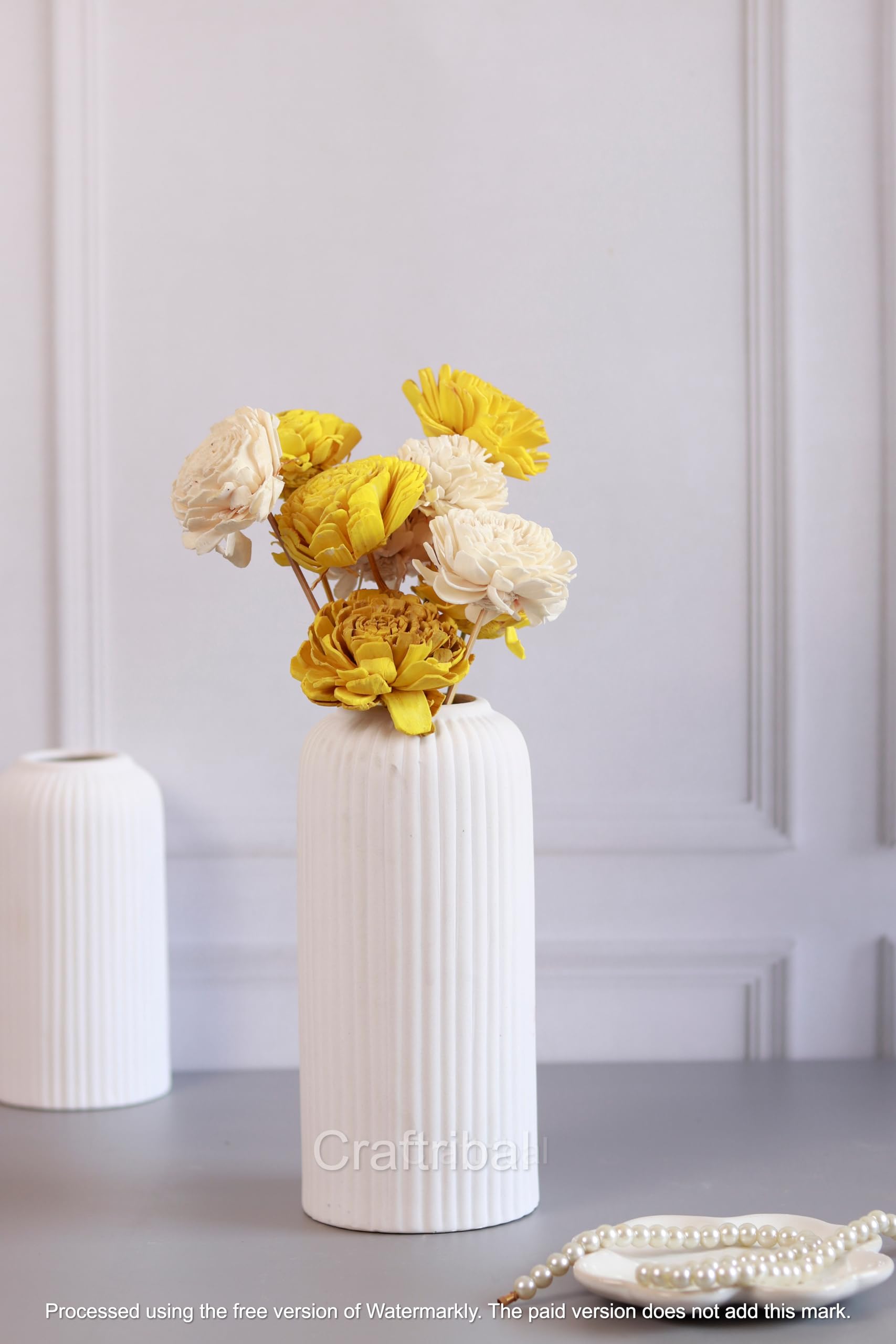 Craftribal's Modern White Ceramic Flower Vase(10 Inches) for Living Room, Flower Pots for Home Decoration, Home Decor, Line Vase,Ribbed Vase-picture-32