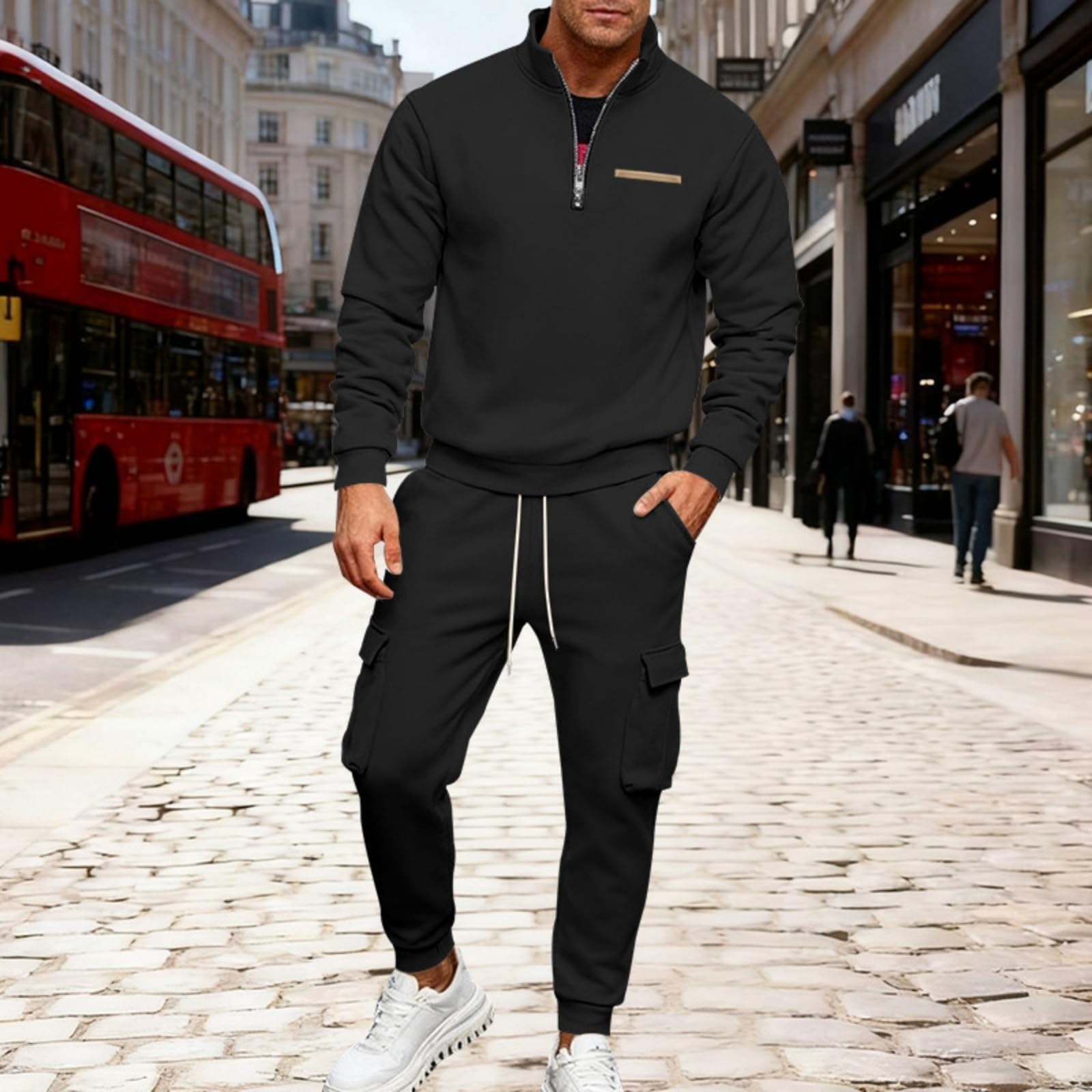 Jogginganzug Herren Zweiteiler Set Sportanzug Traininganzug Stehkragen Hemd und Baggy Jogginghose Set Einfarbig Sweatsuit Tracksuit Fitness Gym Laufanzug