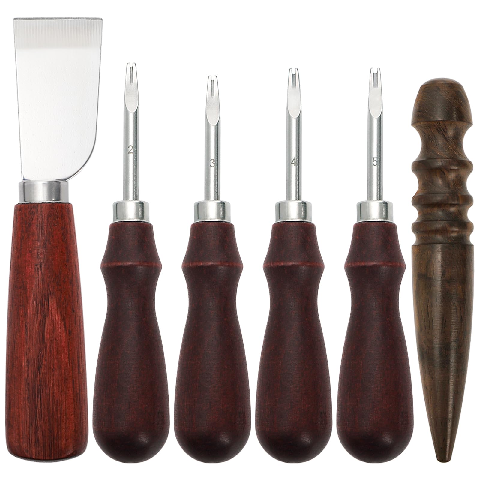 ZEAYEA 6 Piece Leather Knife Set, Including 4 Edge Beveler, 1 Skiving Knife and 1 Sandalwood Burnisher, Leather Craft Tool Set for Craft Cutting, Shoe Repair, DIY Projects