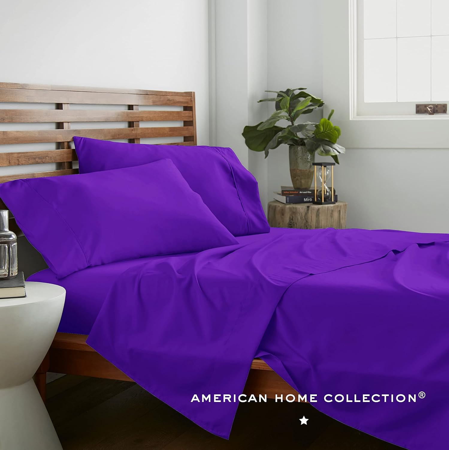 American Home Collection Deluxe 4 Piece Bed Sheets Set Deep Pocket Extra Soft Microfiber Wrinkle Free Sheets Easy Care (Queen, Purple)