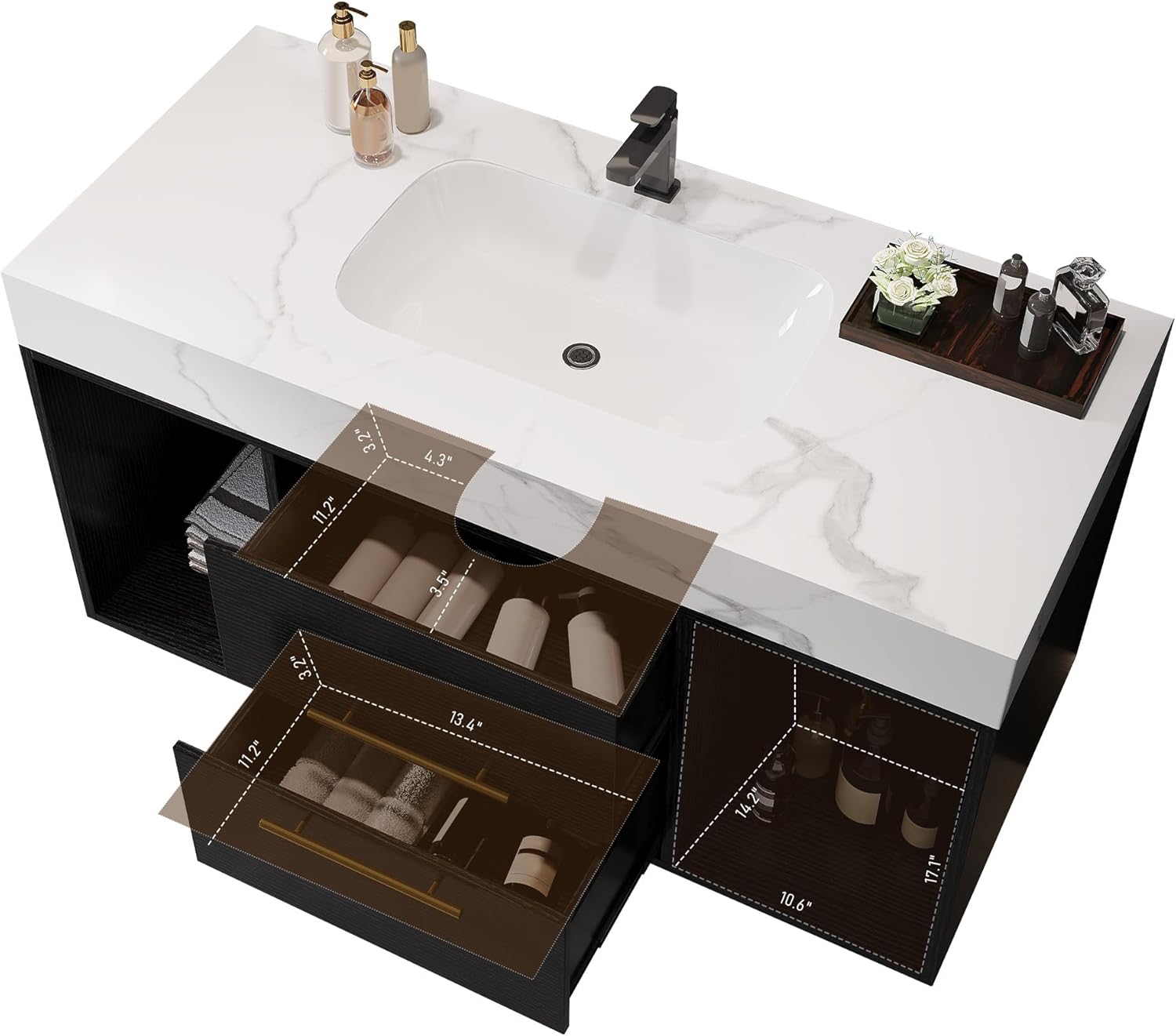 Glintee 40" Modern Floating Bathroom Vanity with Ceramic Sink, Sintered Stone Top, Solid Wood Cabinet - 2 Drawers & 2 Open Shelves,Easy Assembly,Black.