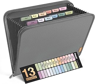 Sooez 13 Pocket Accordion File Organizer, Zipper Expanding File Folder Organizer, Reinforced Plastic Accordion Folder, A4 Letter Size, Portable Folders for Documents, Grey