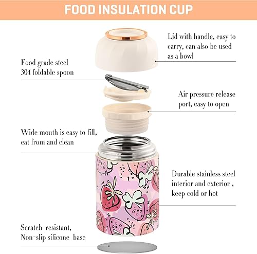 Miniatura 4 de Bright Strawberries Watercolor Kids Womens Insulated Food Jar with Spoon 17oz500ml Keep Warm Food Containers Stainless Steel Vacuum Leakproof Flask