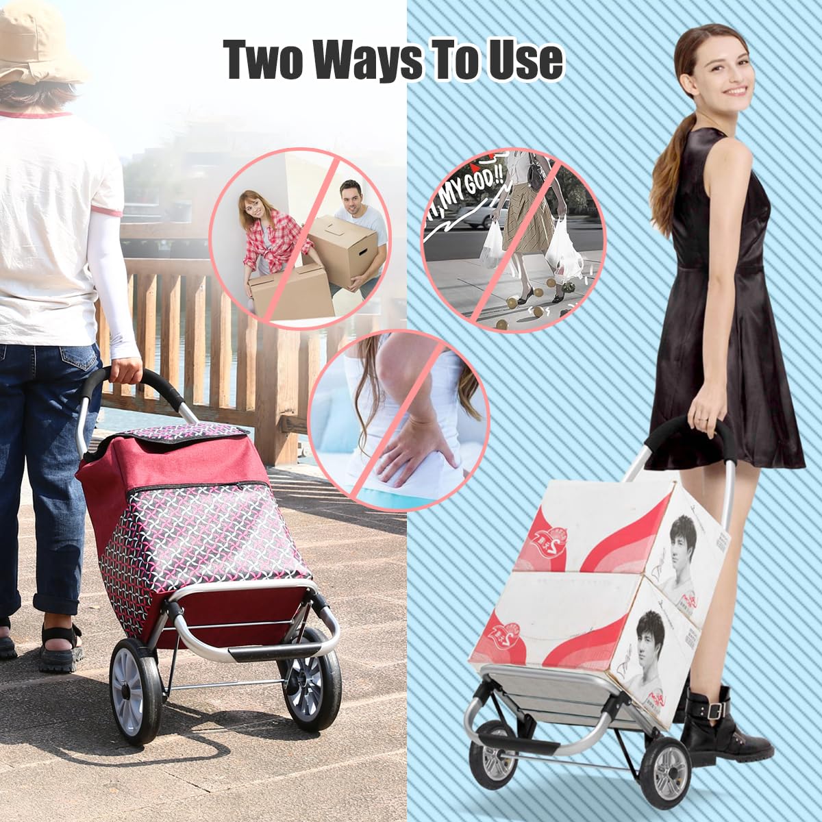 Einkaufstrolley - Ziehwagen zum Einkaufen mit Einkaufstasche | 35 Liter Shopping Trolley - Einkaufswagen mit großen Rollen für Treppensteiger | Transportwagen mit Abnehmbarer Tasche (Red)