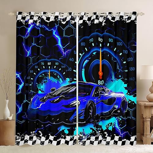 Miniatura 16 de Feelyou Cortinas opacas azules de coche de carreras, cortinas opacas para niños y niñas, cortinas de ventana de auto de carreras, tratamiento de