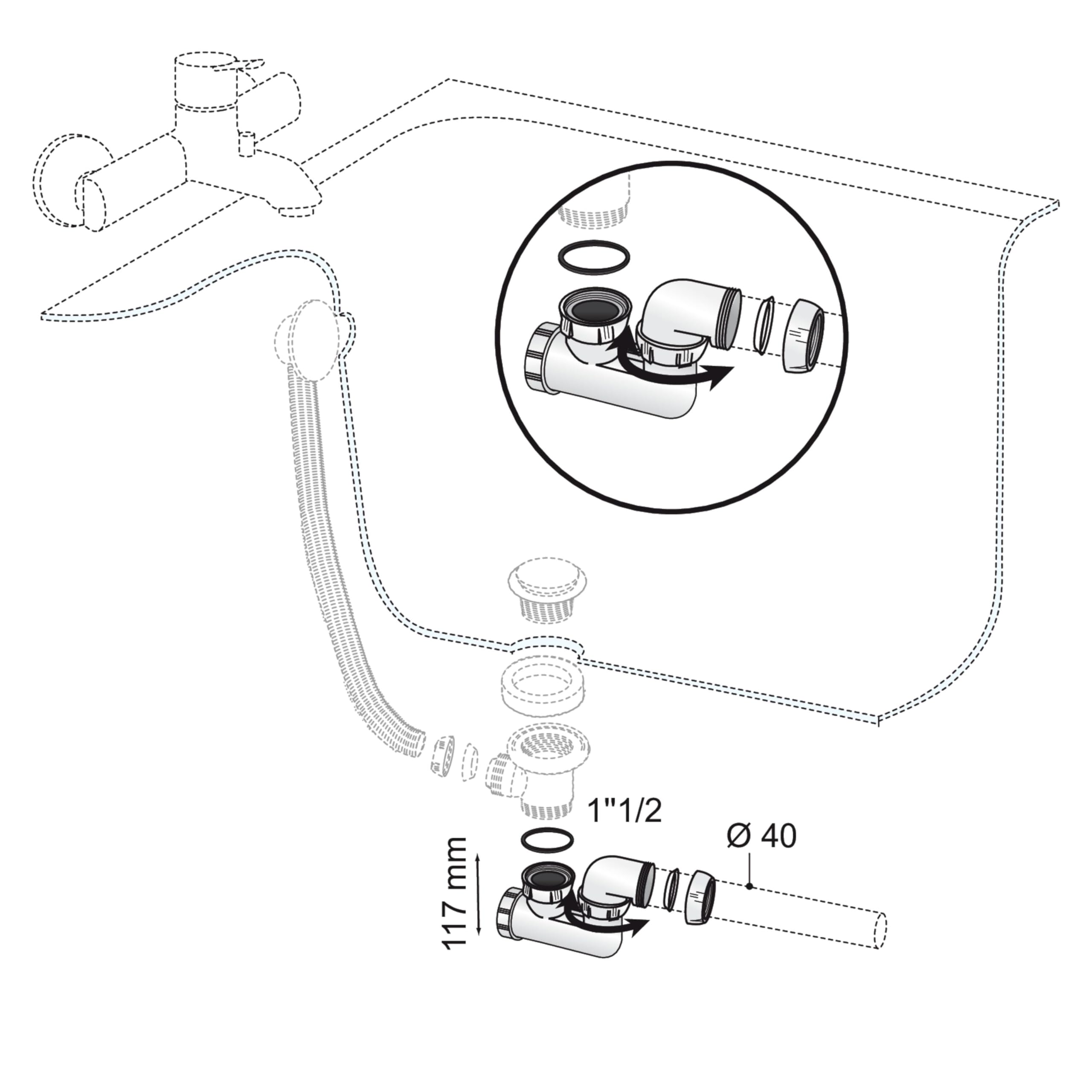 Wirquin SP602 Siphon de baignoire orientable, blanc