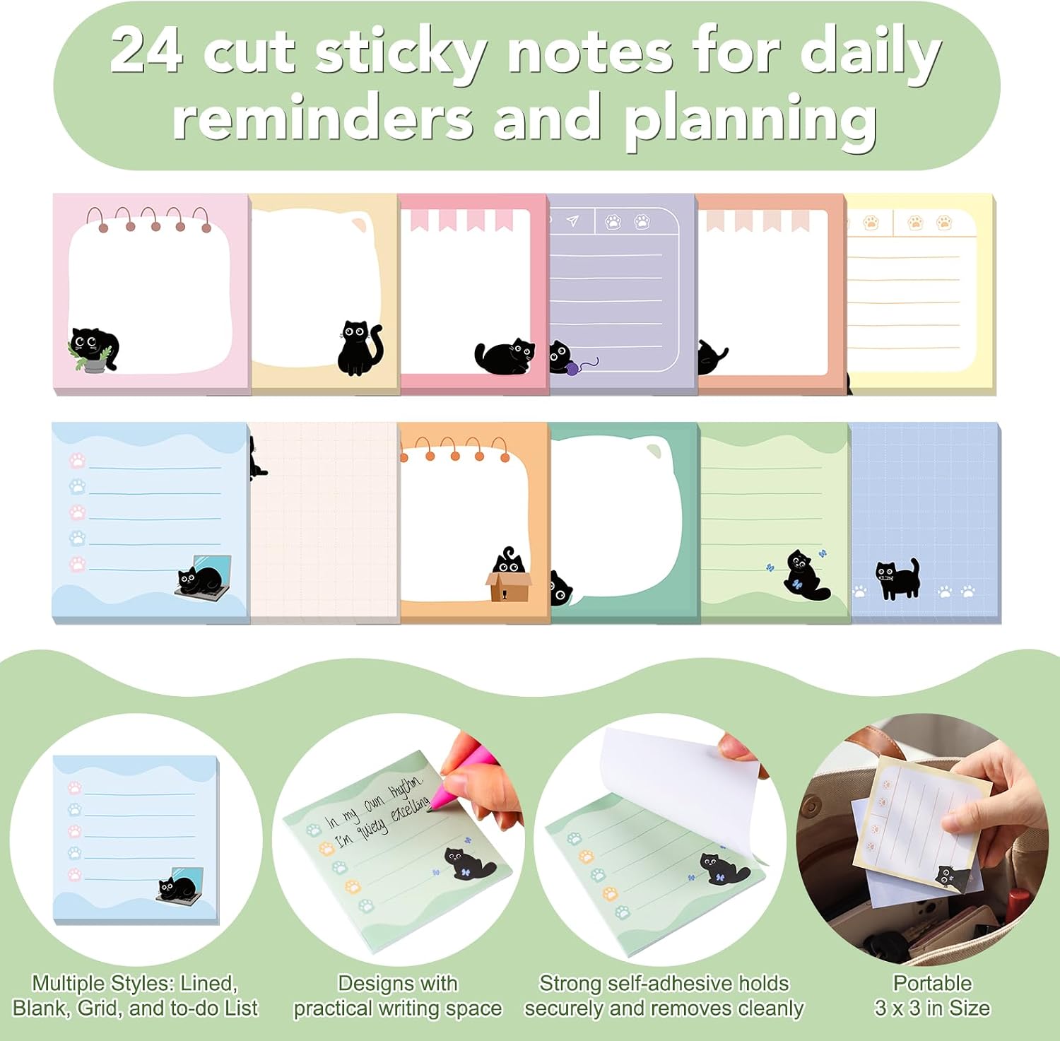 BESARME 24 Pads Black Cat Sticky Notes, 3 x 3 in, 840 Sheets image 4