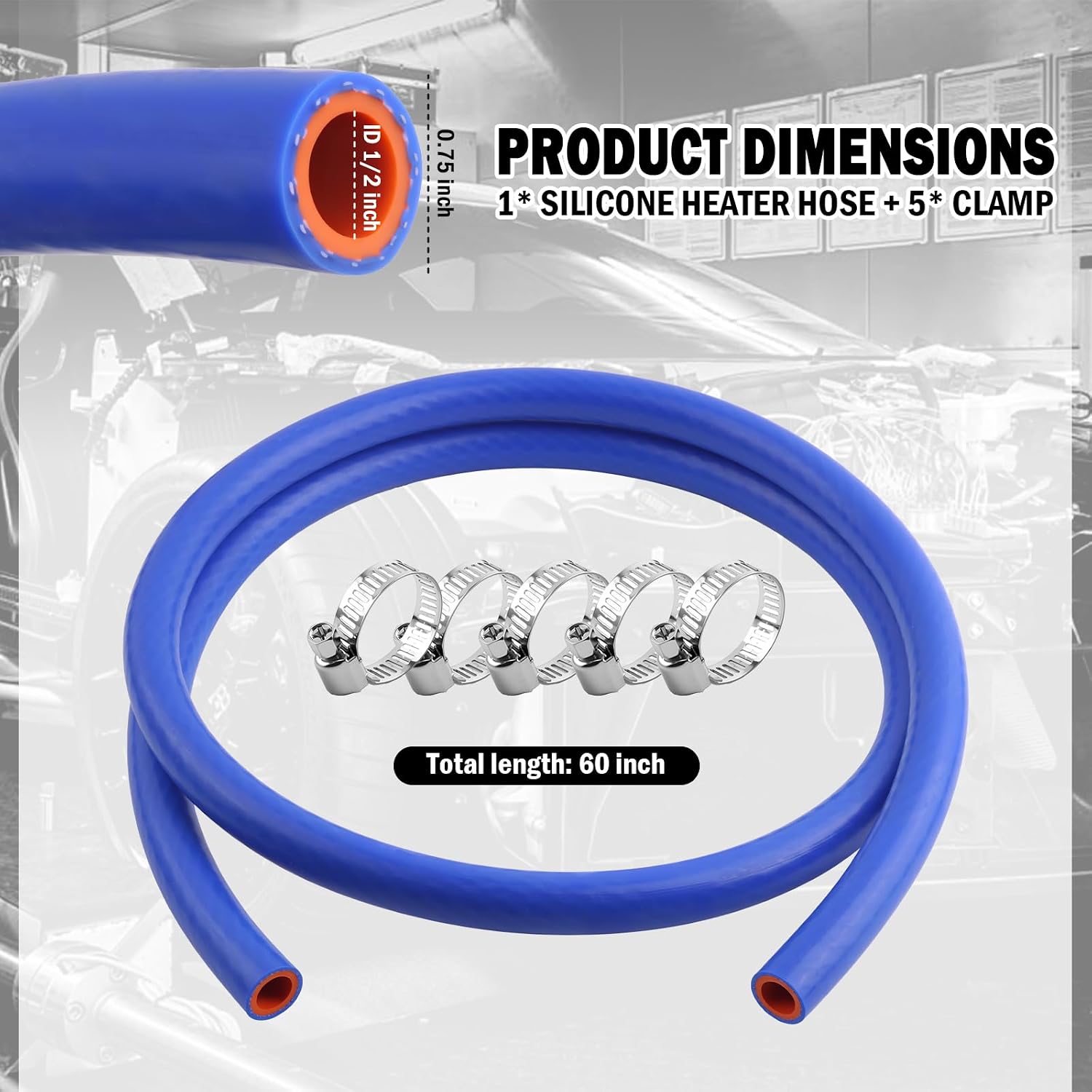 5Ft x 1/2" ID Silicone Heater Hose,Reinforced High Temp Silicone Hose Kit with 5 Clamps,Flexible Coolant Radiator Vacuum Line for Engine Coolant/Antifreeze/Air/Water