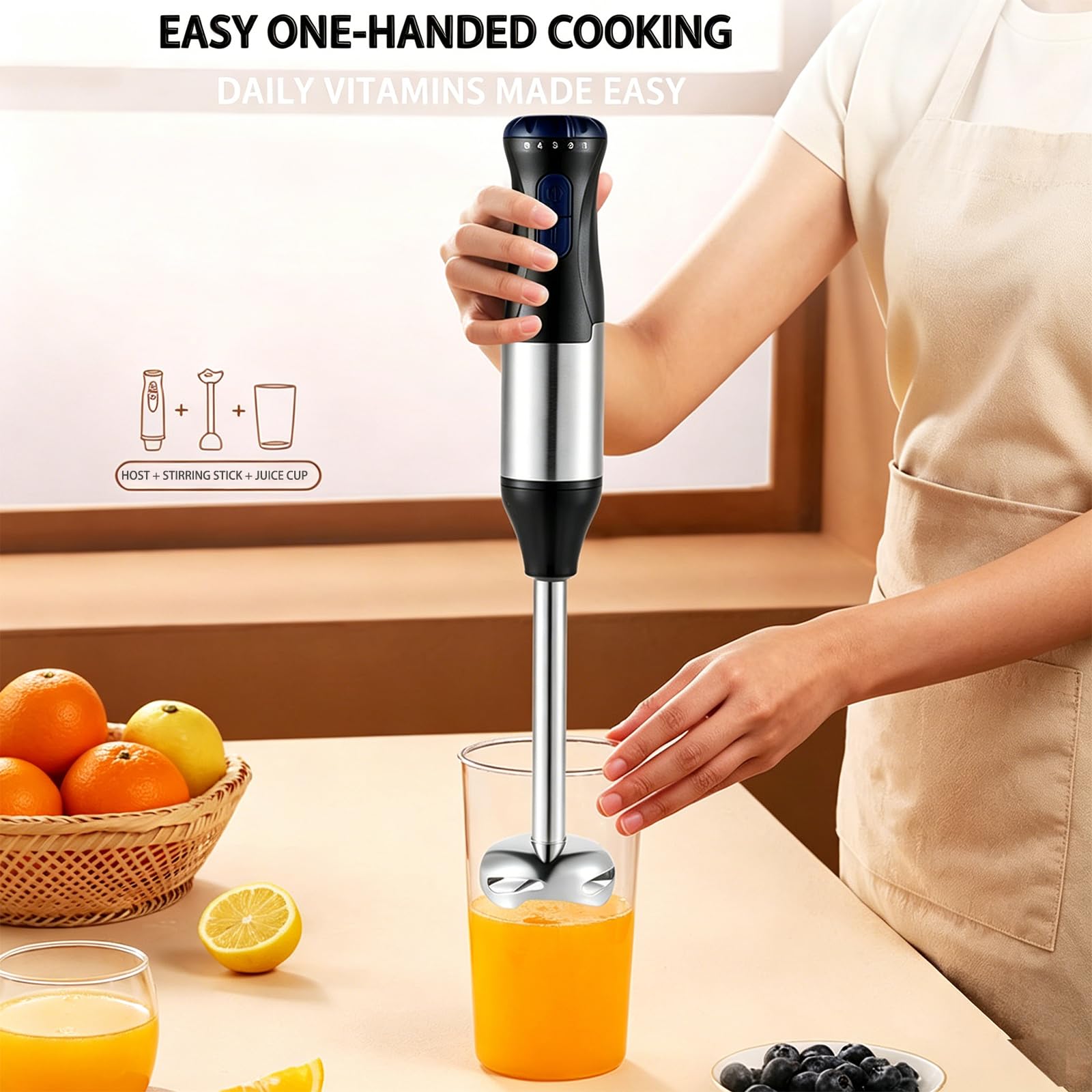 Ręczny blender zanurzeniowy 4 w 1, 1000W, wielobiegowy, funkcja Turbo, mikser ręczny z trzepaczką, siekaczem i miarką do domowych zup, shake'ów i deserów