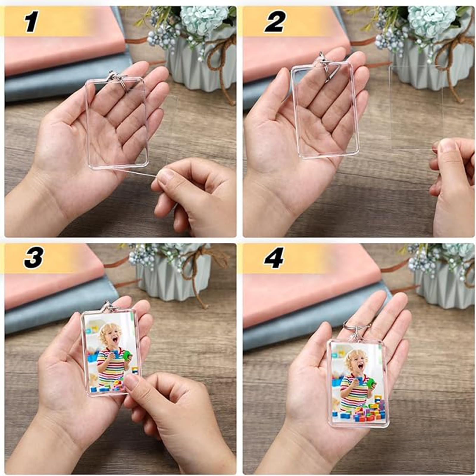 Yaomiao 200 Stück 3,3 x 5,1 cm Acryl-Bilderrahmen Schlüsselanhänger Halter Foto Bild Einsatz Blanko Schlüsselanhänger für DIY Handwerk, Transparent, 2 x 1.3 Inch