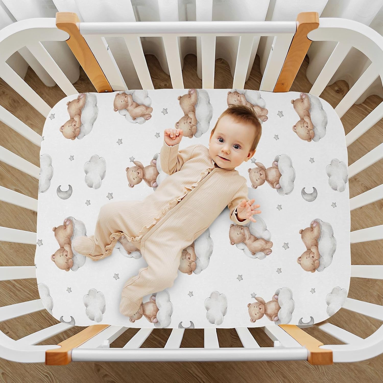Fitted Crib Sheets White Bears with Clouds Stretchy Portable Playard Sheets for Baby Toddler, Breathable Soft Mini Crib Mattress 52 x 28 in for Boys and Girls