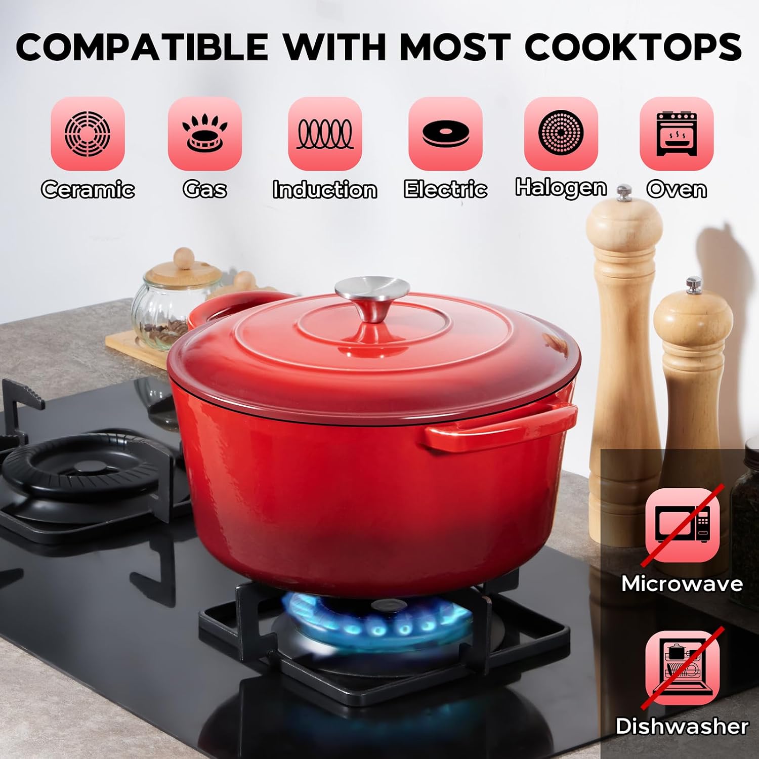 3QT Dutch Oven Pot with Lid, Onader Enameled Cast Iron Small Dutch Oven for Bread Sourdough Baking, Heavy Duty - Red