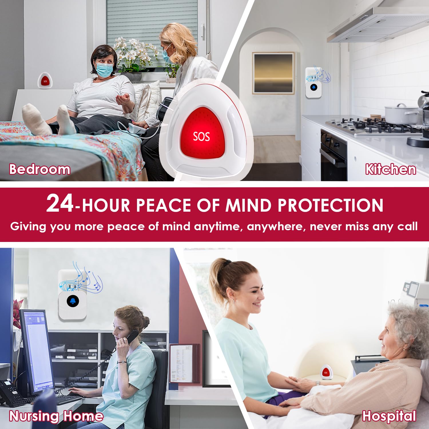 Sistema di chiamata infermiera wireless per uso domestico, 2 ricevitori di allarme plug-in e 2 pulsanti di aiuto impermeabili, portata di oltre 150 m, per anziani/pazienti/disabili