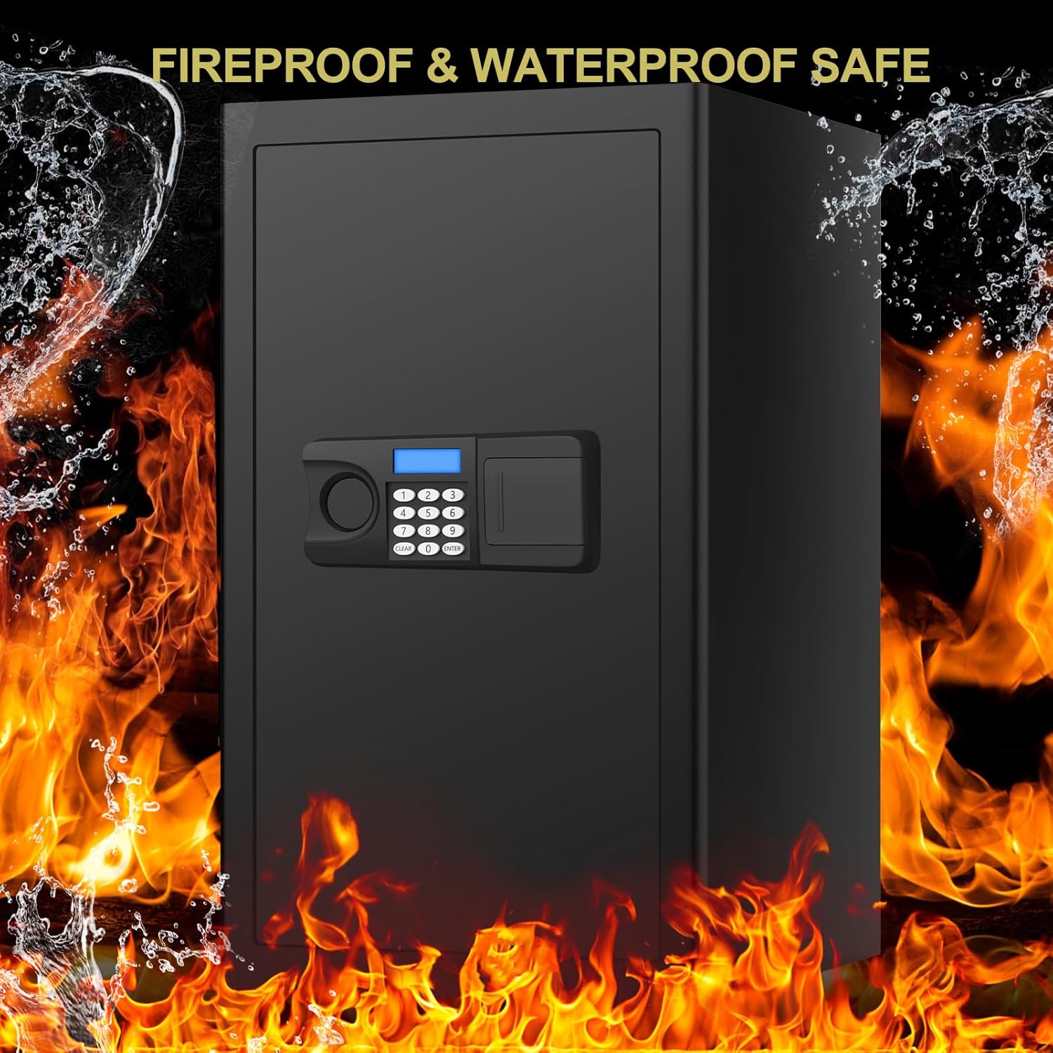 Povanje safe surrounded by flames and water splashes, indicating fireproof and waterproof features.