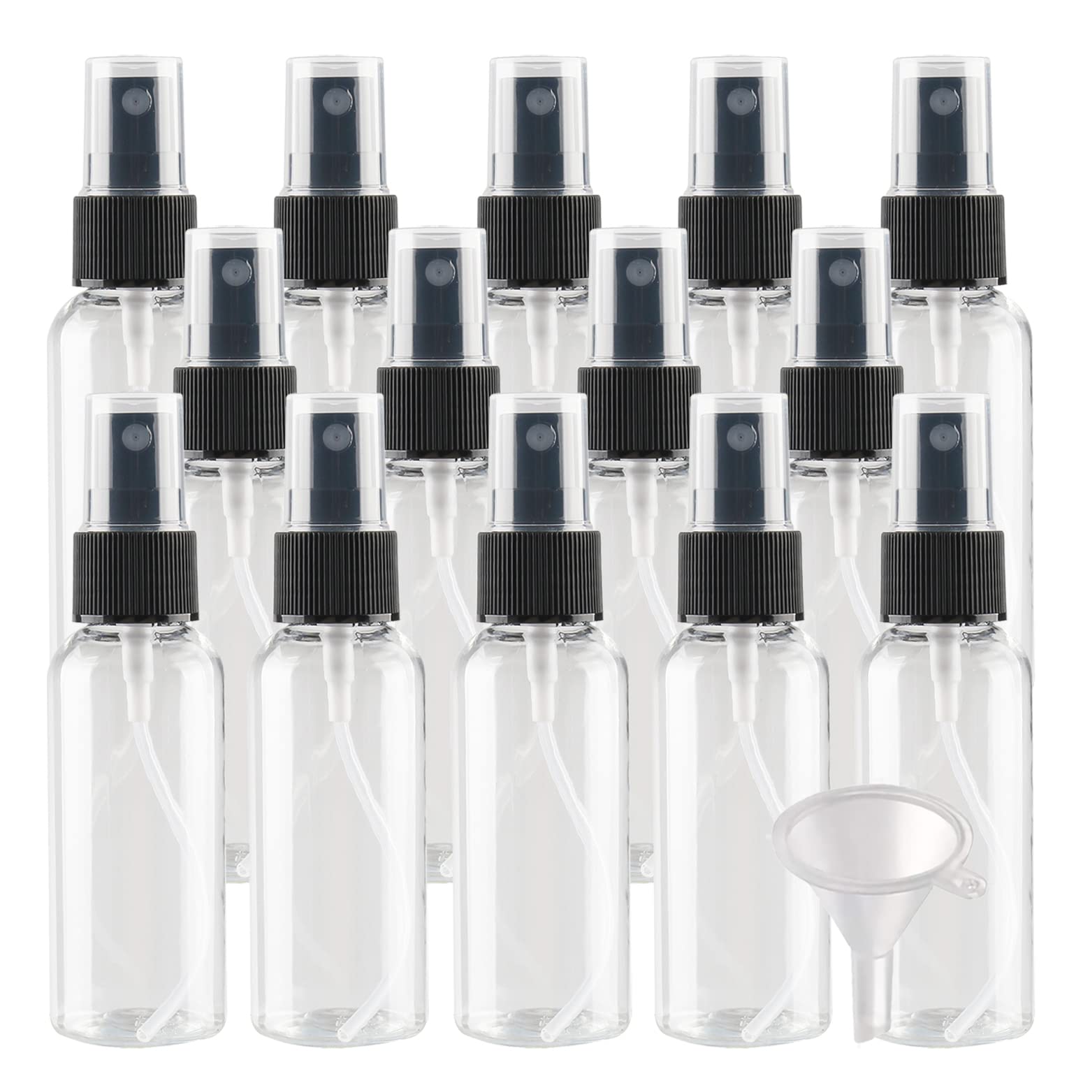 100 Stück Leer 50ml Transparent Plastik PET Sprühflasche Reise Zerstäuber mit Schwarz Sprühkopf, Klein Feinen Nebel Parfümzerstäuber Reiseflaschen mit 4x Trichter