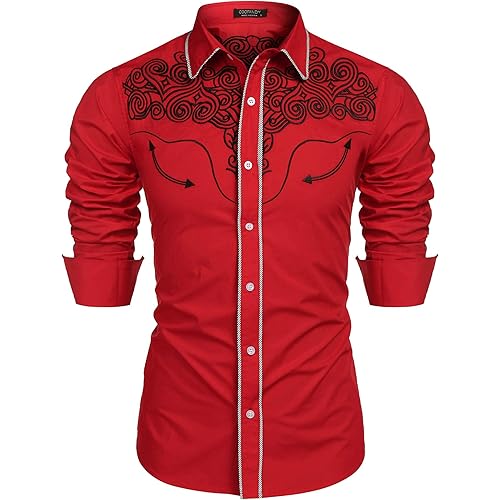 COOFANDY Men's Western Shirts Long Sleeve Slim Fit Embroideres Cowboy Casual Button Down Shirt