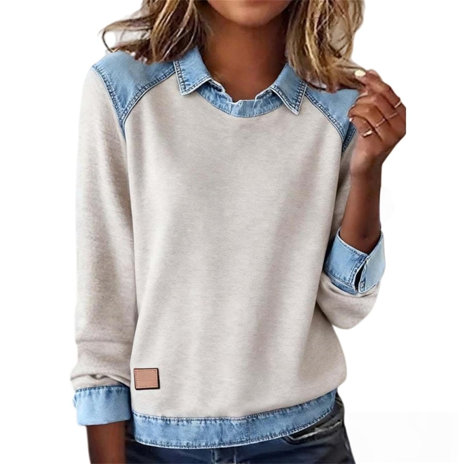 Generisch Bluzy damskie z denimu w stylu patchworkowym, modne koszulki z długim rękawem z dżinsu, z wzorem patchworkowym