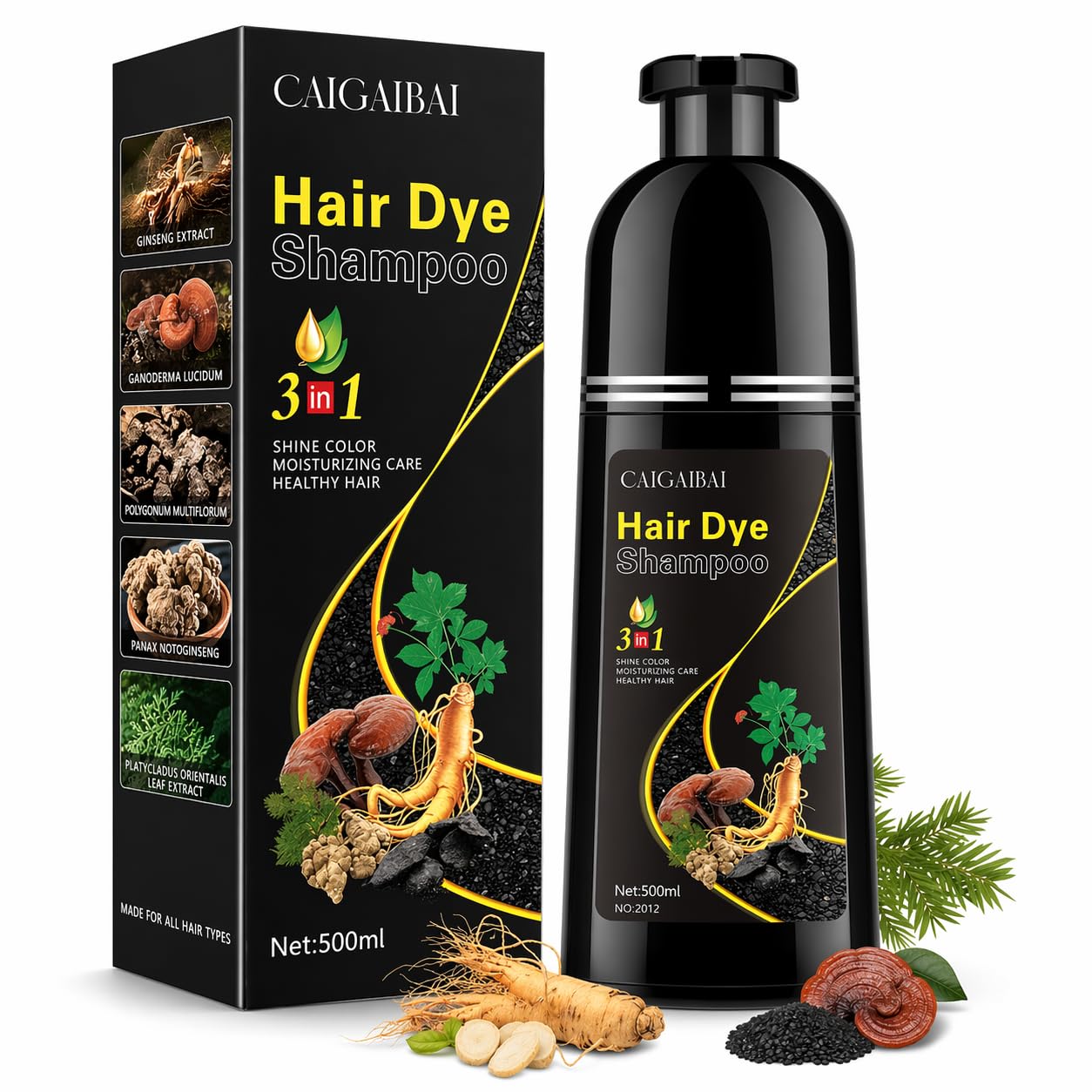 Hair Dye Shampoo for Gray Hair – 3-in-1 Instant Hair Color Shampoo, Gray Coverage in 10-15 Minutes, Herbal Formula with Ginseng, Long Lasting, 500ml
