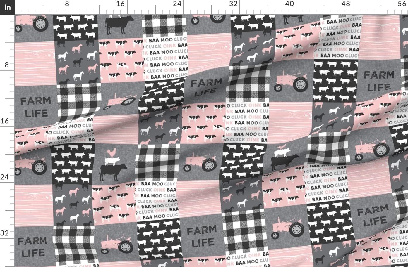 Spoonflower Fabric - Farm Life Patchwork Grey Tractor Cows Pigs Girl Farming Nursery Printed on Organic Cotton Sateen Fabric by The Yard - Sewing Quilting Apparel Home Decor
