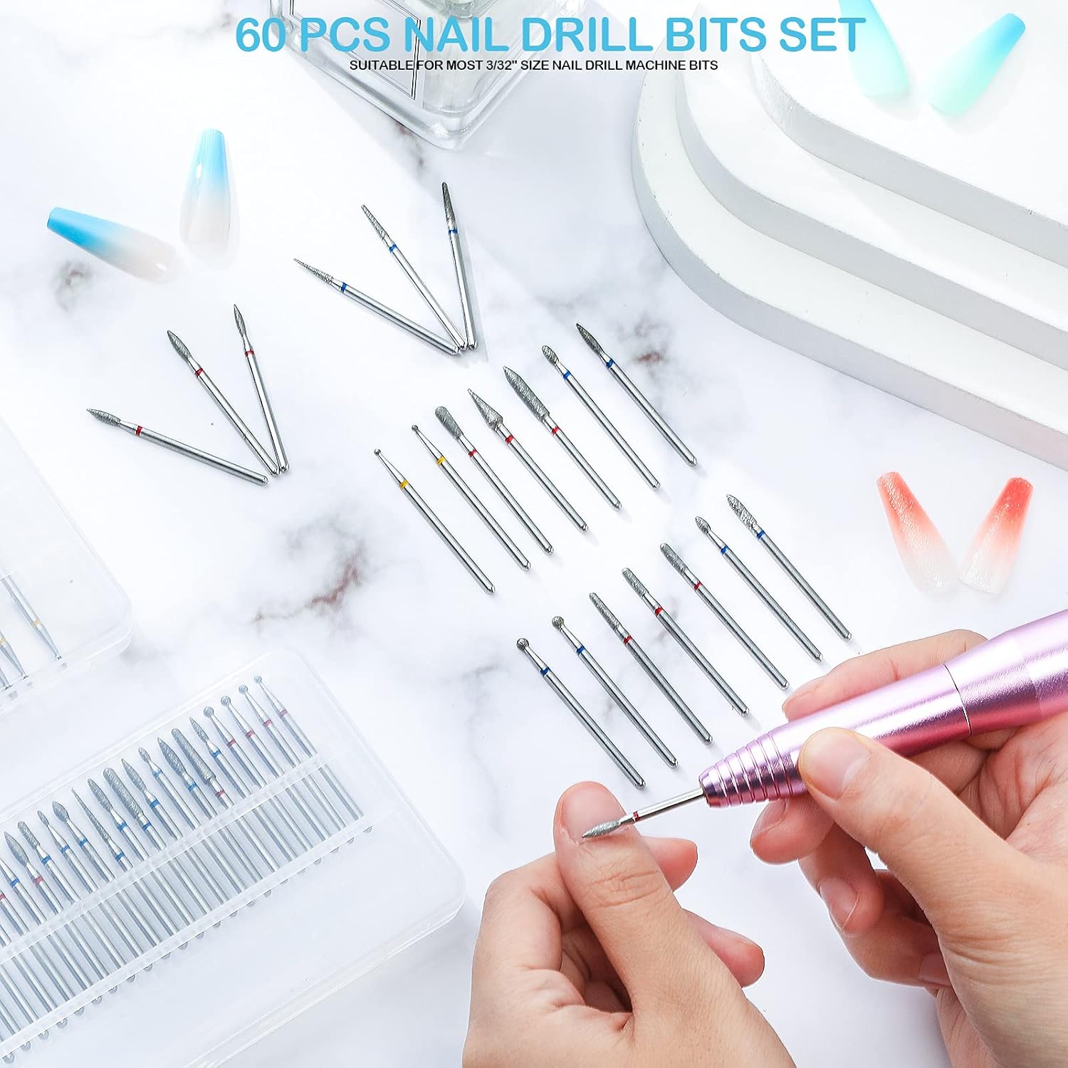 Honoson 60 Pieces Diamond Nail Drill Bit Set for Nail Drill E-file 3/32 Inch Cuticle Clean Bit Ceramic Manicure Pedicure Remover Tools for Acrylic Manicure Pedicure Home Salon Use