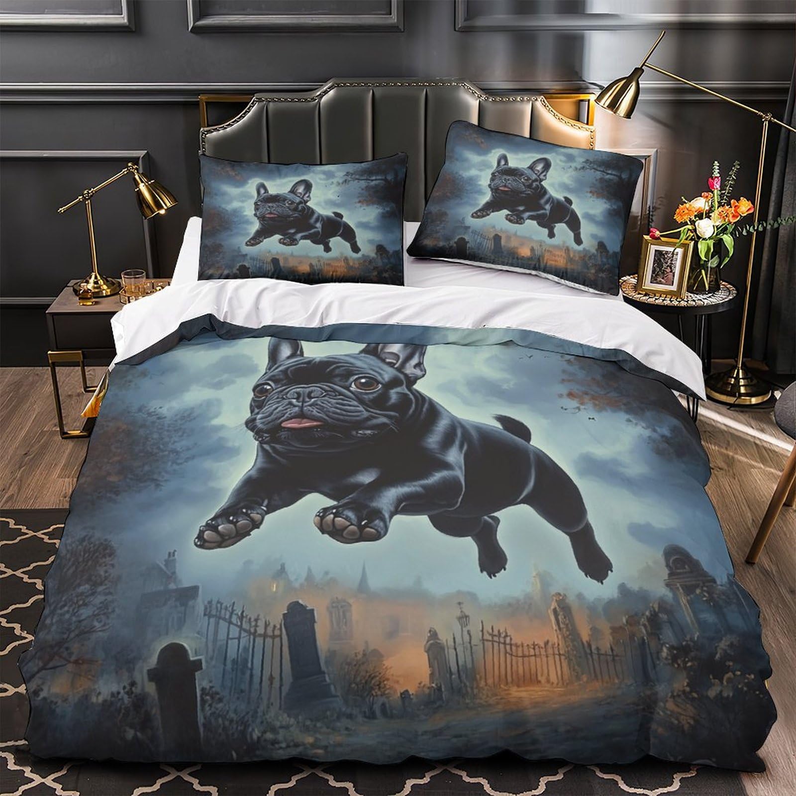 Housse de couette chien noir 135x200cm parure de lit hypoallergénique pour en finir avec les allergies