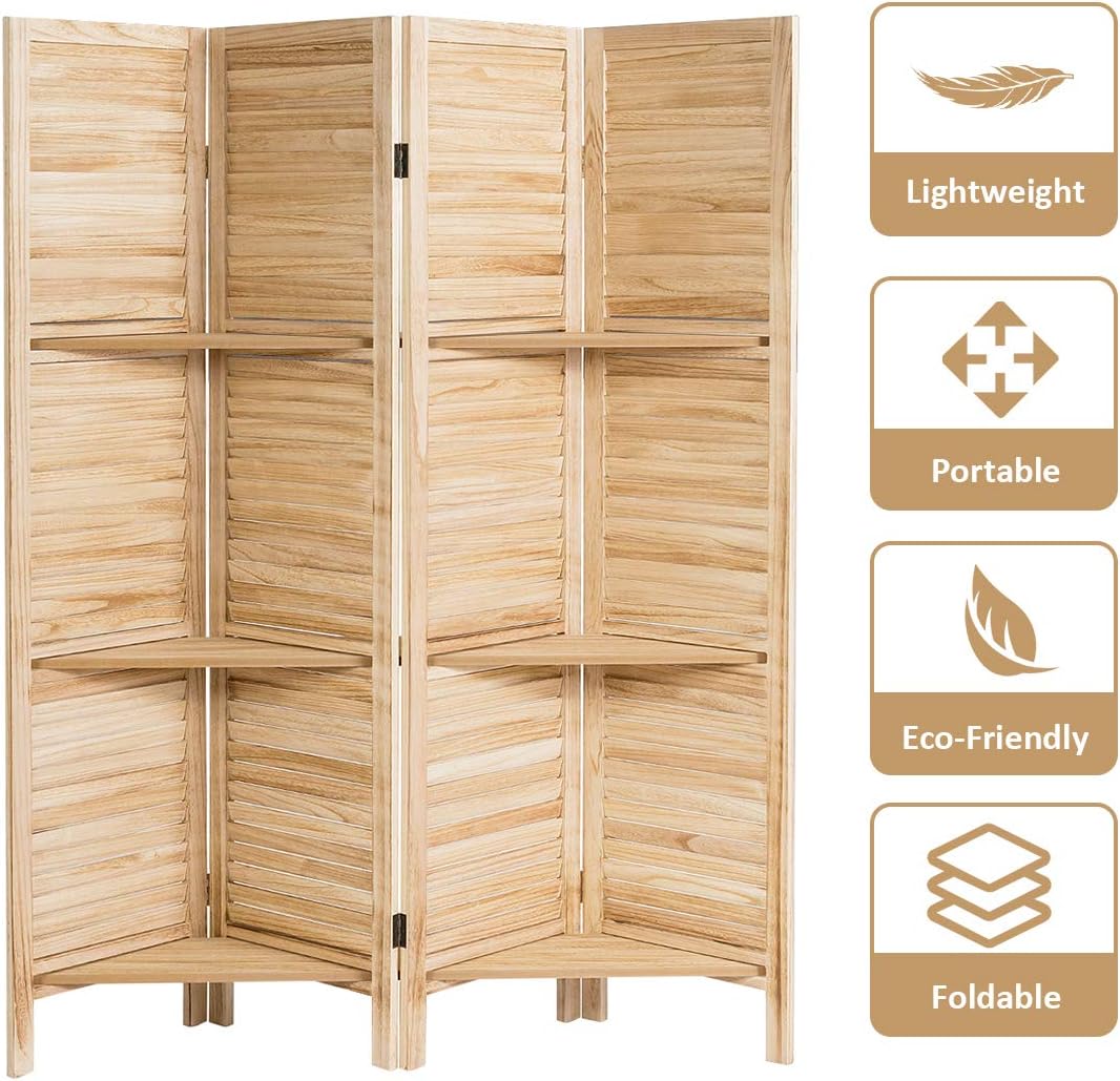 Giantex 5.6Ft 4 Panel Room Divider with Shelves, Freestanding Wood Folding Privacy Screens for Room Separation, Partition Room Divider Wall for Home Office Studio Bedroom Separator