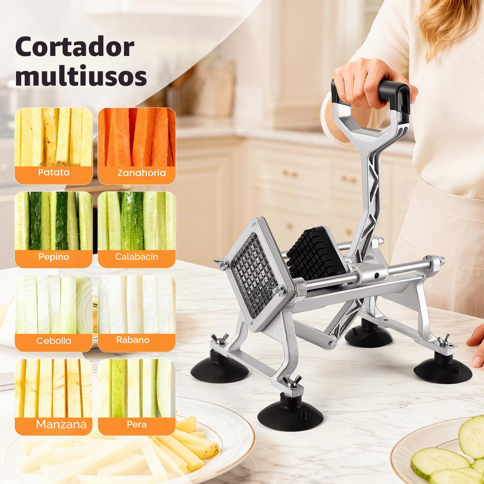 Cortador Patatas Fritas Manual, Cortadora Patatas Industrial, con Cuchillas de Acero Inoxidable de 6mm, 9mm, 13mm, Cortador de Papas para Patatas, Verduras y Frutas para Uso Doméstico