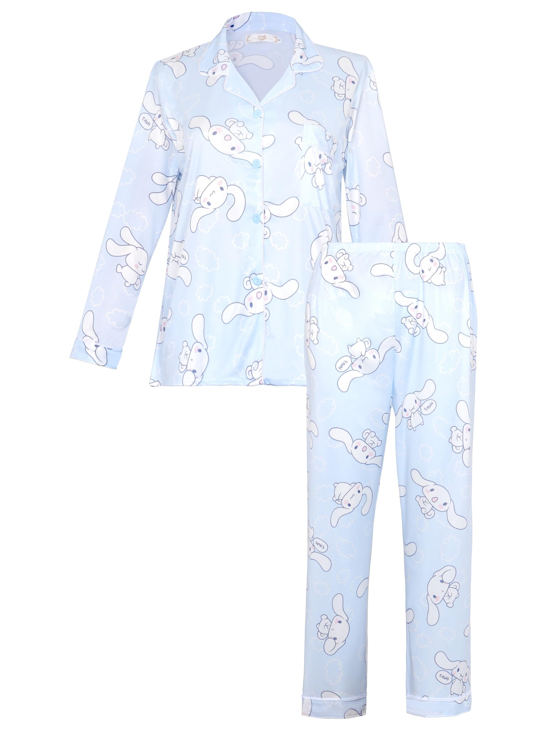 WANHONGYUE Kawaii Anime Manga Pijama Mujer Niña Camiseta de Manga Larga y Pantalón Largo Conjunto 2 Piezas Ropa de Domir para Primavera Verano - XL - Azul-1