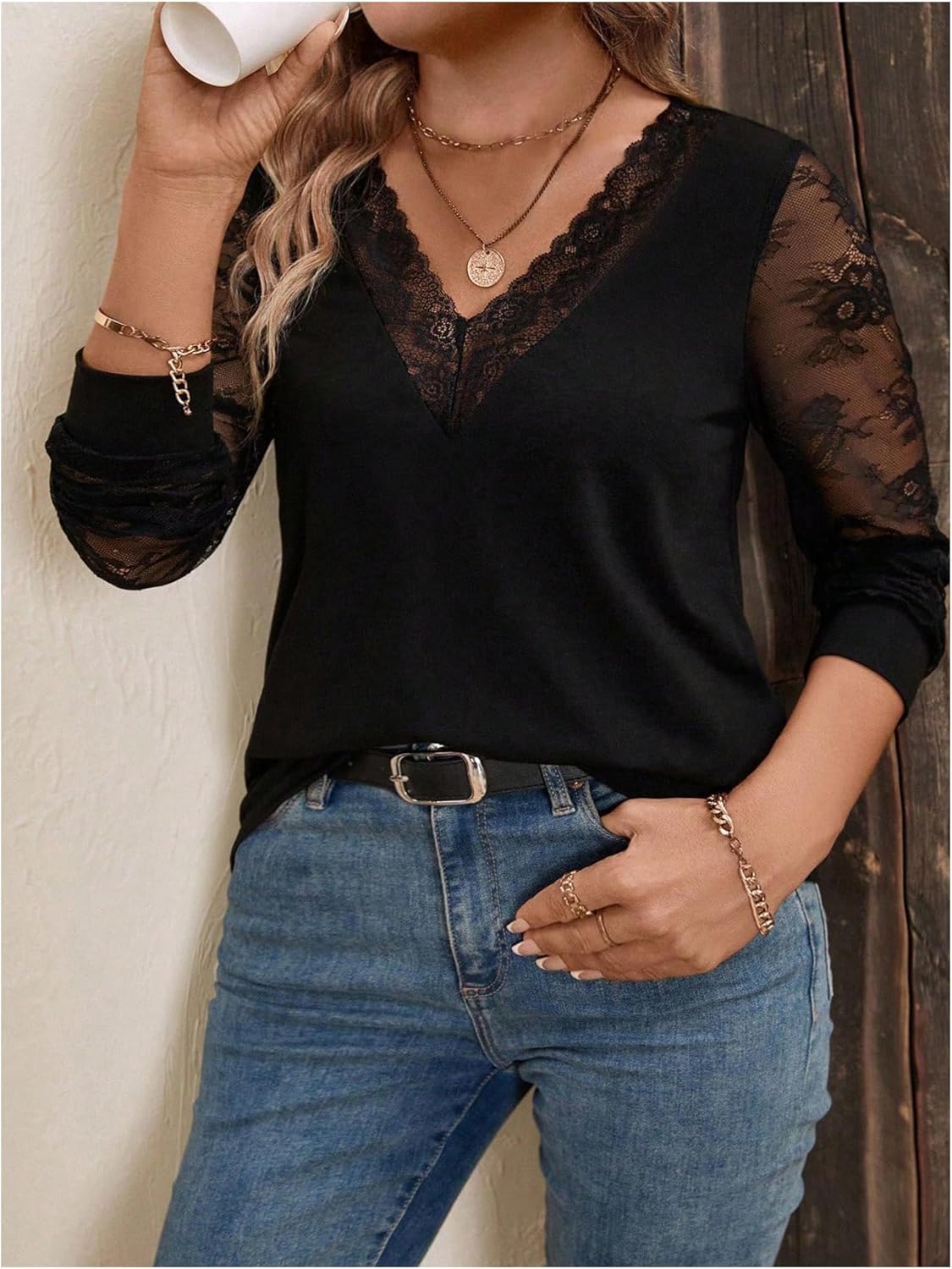 SOLY HUX Women's Plus Size Long Sleeve Lace Tops V Neck Blouses Dressy Casual Shirt - Image 3