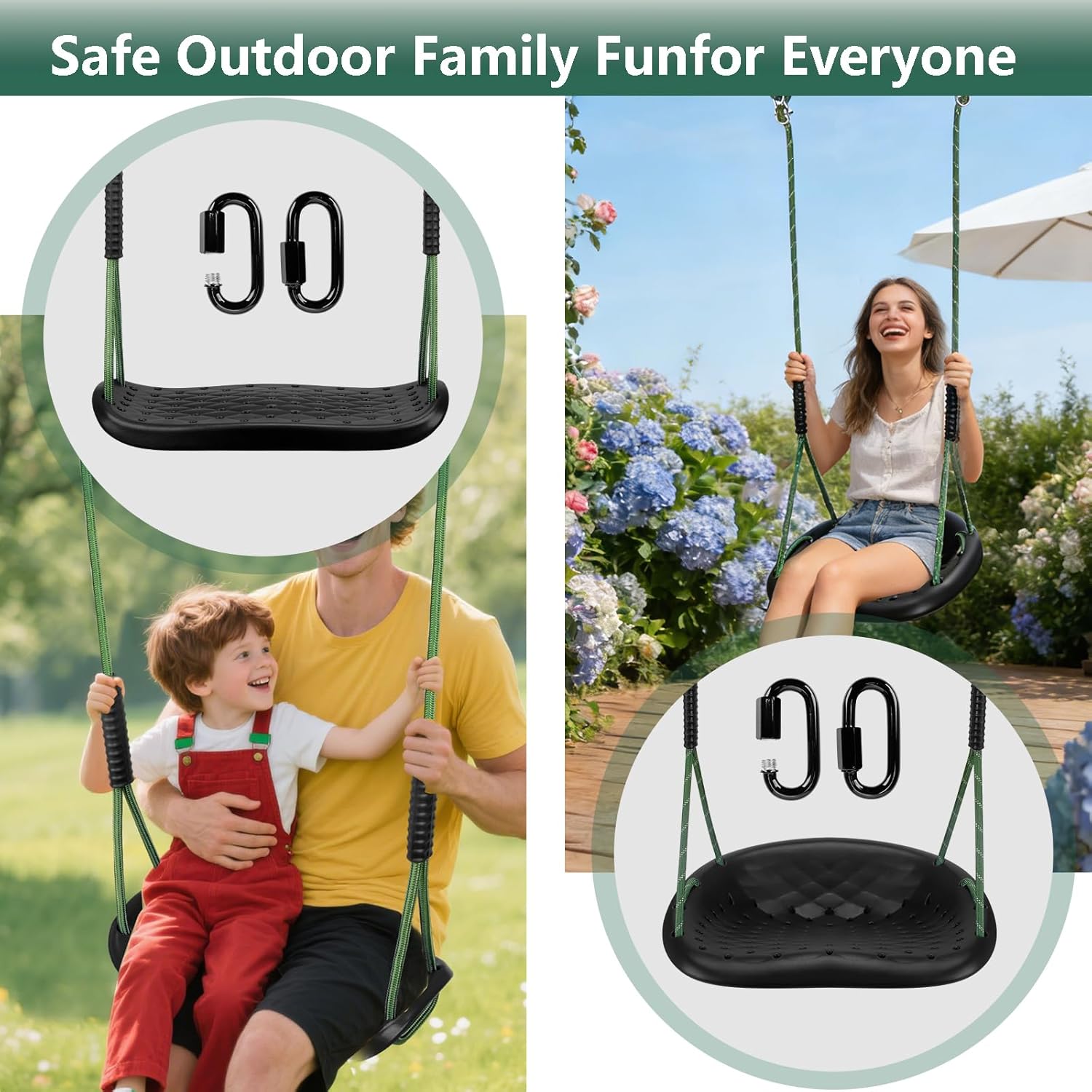 Tree Swing Heavy Duty Swing Seat with Adjustable Rope and Carabiners, 2 Pack Non-Slip Swing Seat for Kids and Adults，Black