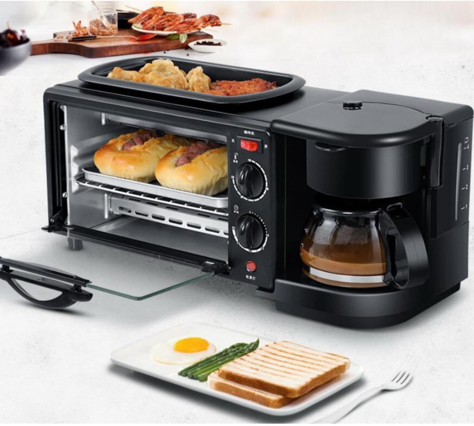 3 in 1 breakfast maker (Toaster Oven, Non-Stick Griddle and Drip Coffee Machine) Versatile Breakfast Maker with Timer，and Top Tray for Frying and Warming（Free coffee pot）（black）