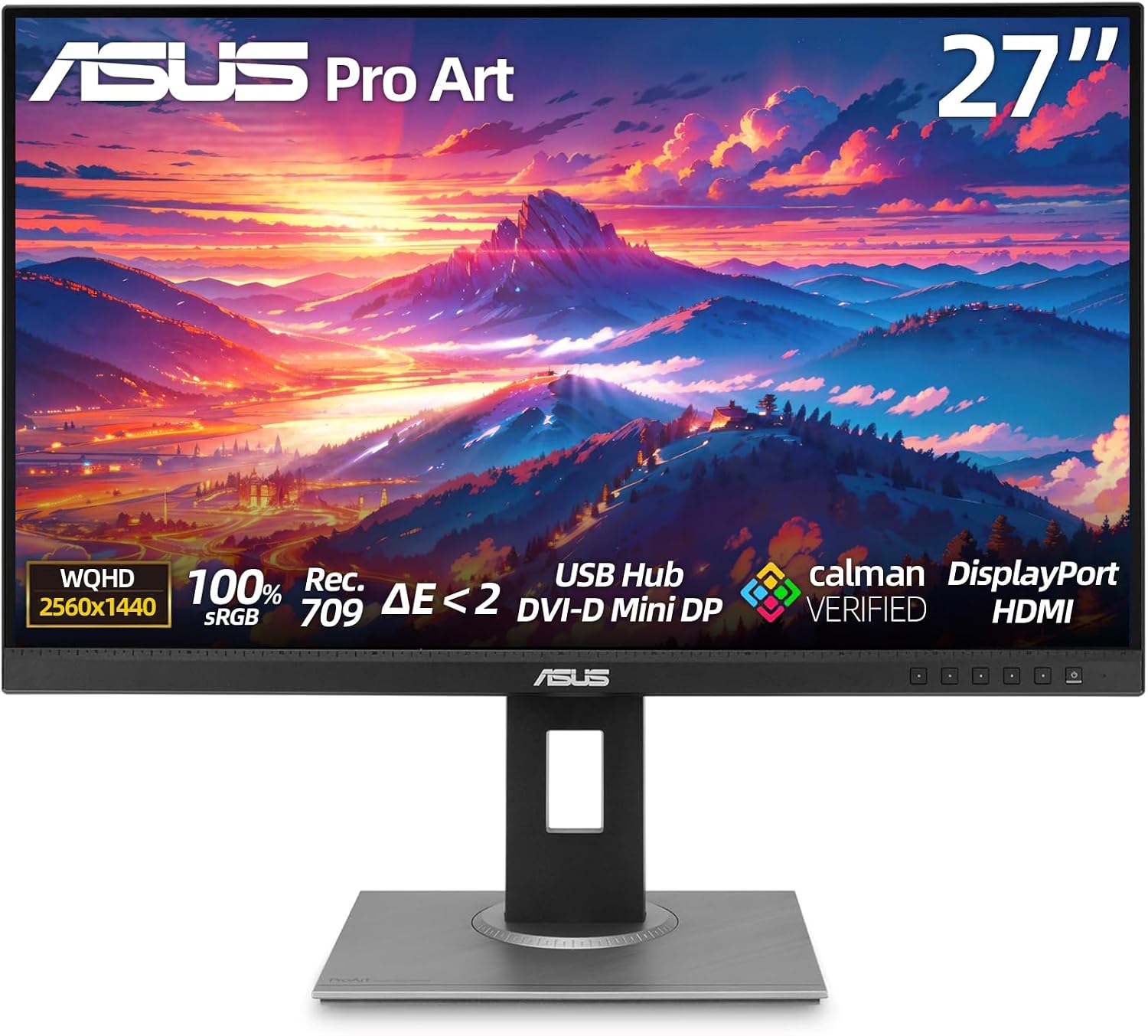 ASUS 27" ProArt Display Monitor, WQHD (2560 x 1440), 100% sRGB/Rec. 709, Calman Verified, ΔE<2, DisplayPort/HDMI/USB Hub/DVI-D Mini DP, Eye Care, Professional Monitor for Photo Video Editing