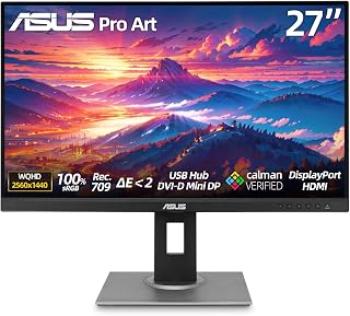 ASUS 27" ProArt Display Monitor, WQHD (2560 x 1440), 100% sRGB/Rec. 709, Calman Verified, ΔE<2, DisplayPort/HDMI/USB Hub/DVI-D Mini DP, Eye Care, Professional Monitor for Photo Video Editing