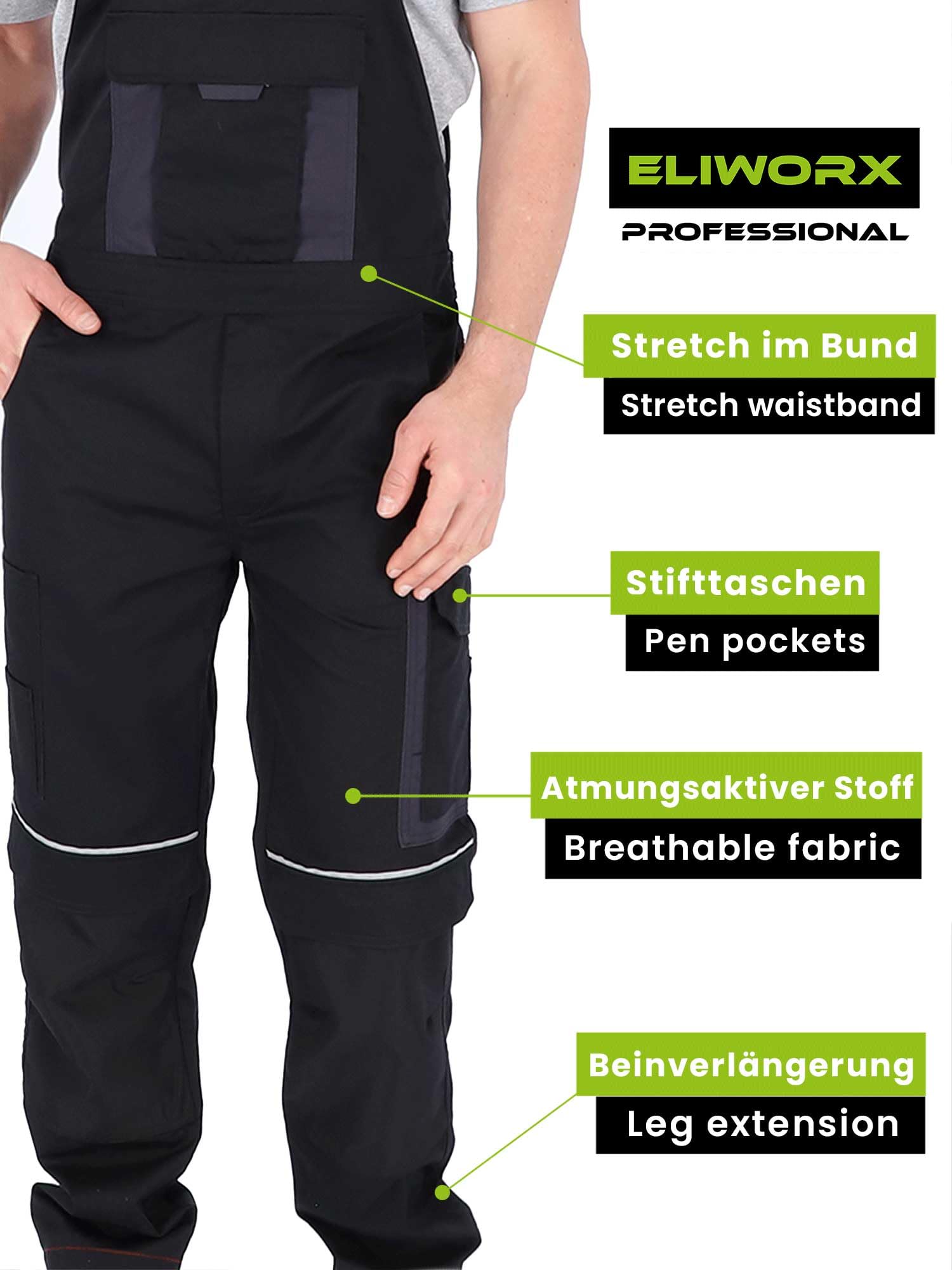 Latzhose Herren mit Stretch – Lange Arbeitshose für Männer mit Werkzeugtaschen – Robuste Arbeitskleidung für Handwerk, BAU & Heimwerker – bequem & strapazierfähig