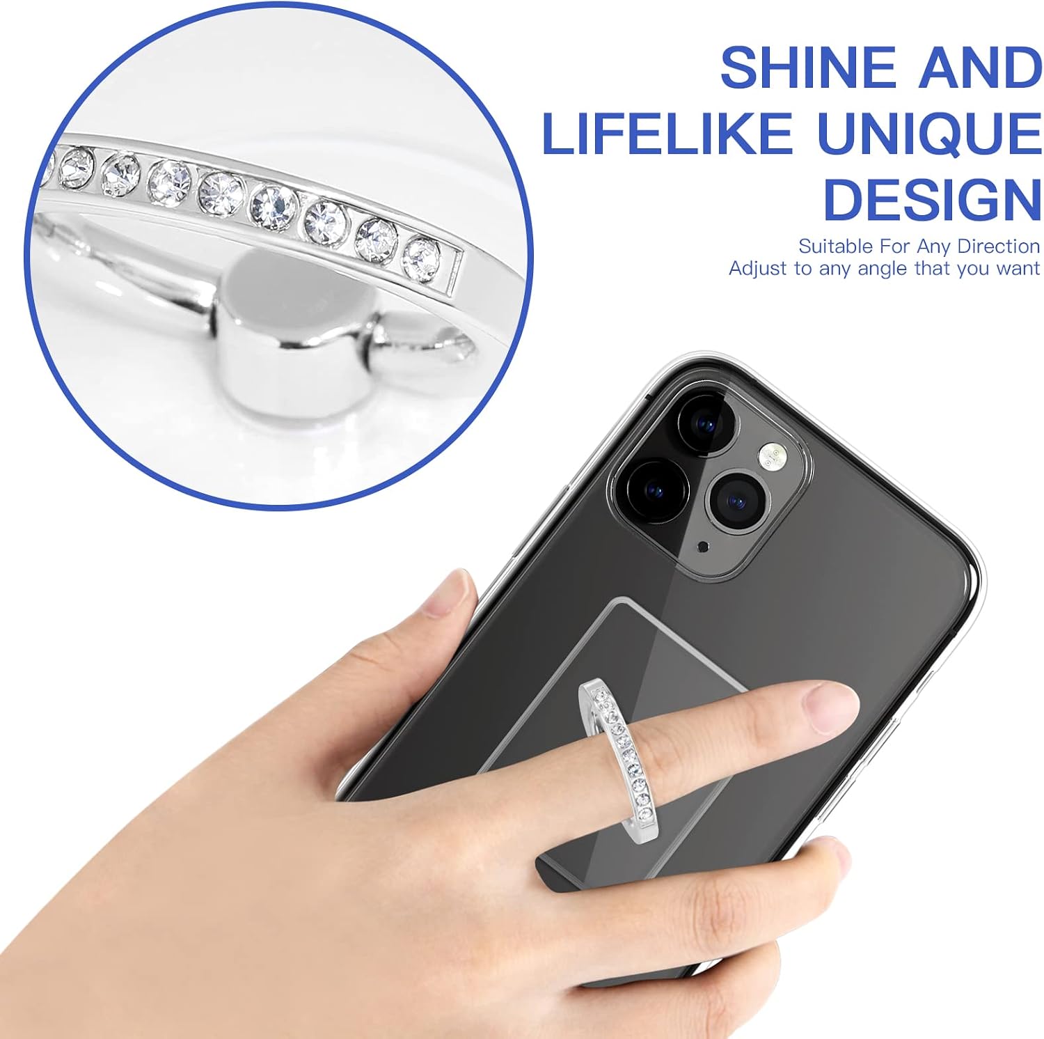 YINHEXI 2 Pcs Transparent Phone Ring Stand Holder Cell Phone Ring Holder Finger Grip 360 Degree Rotation (Silver & Diamond-2)
