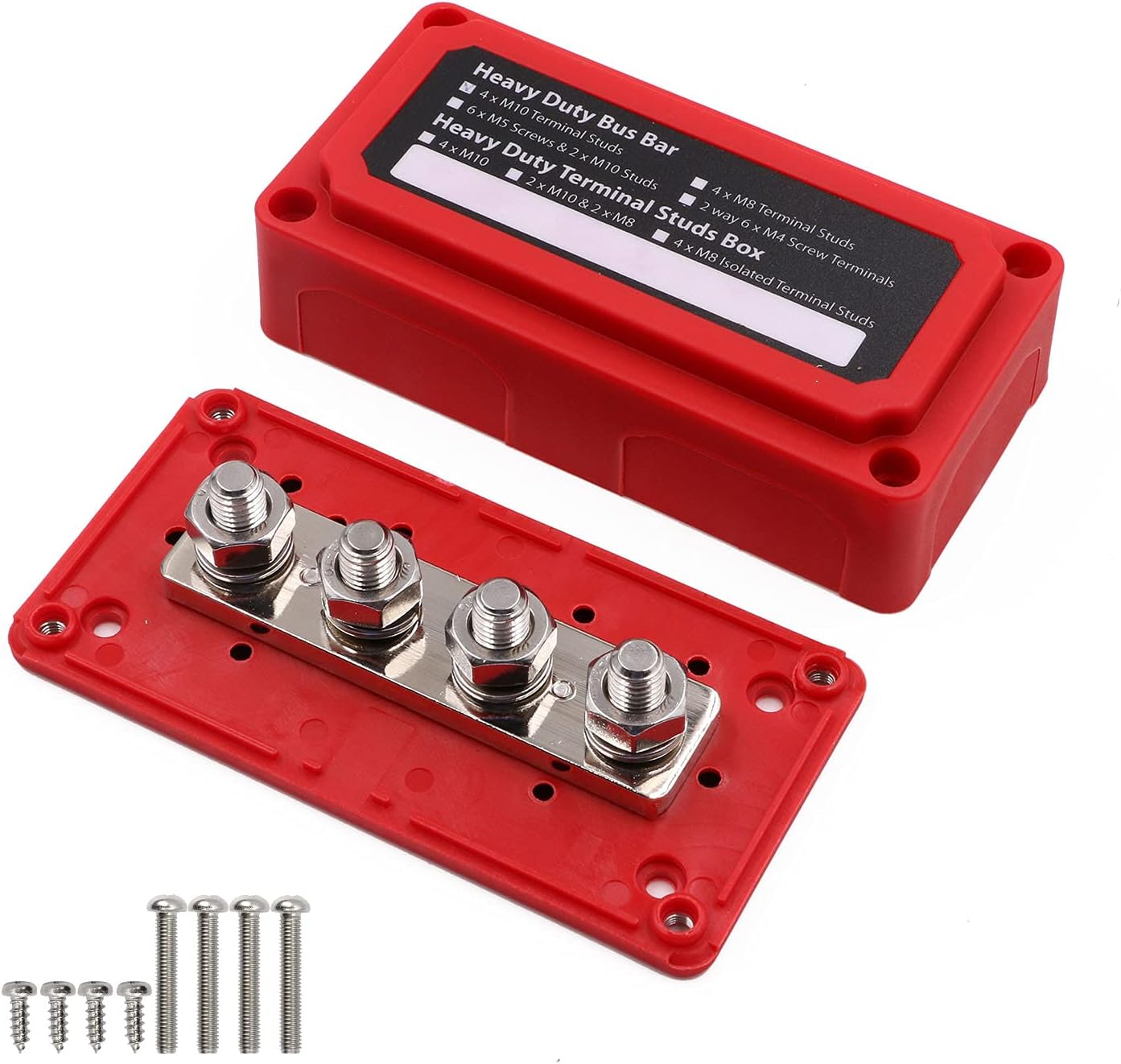 M10 Post Bus Bar Box 12V- 48V DC 300 Amp, Heavy-Duty Module Design 4 Studs Terminal Bus Bars Power Distribution Block with Cover, Red